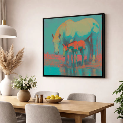 Electric Shoreline Bond mare & foal wall art displayed in a dining room