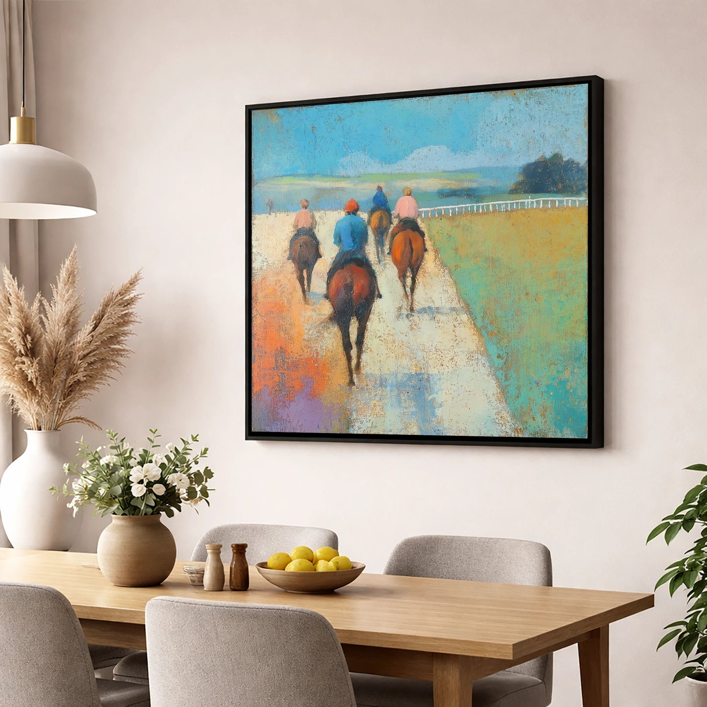 The Morning String racing horse wall art displayed in a dining room