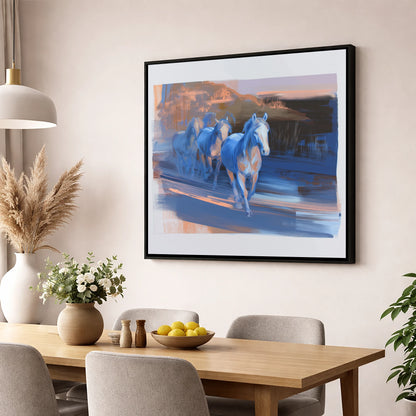Cobalt Dawn Herd wild horses wall art displayed in a dining room
