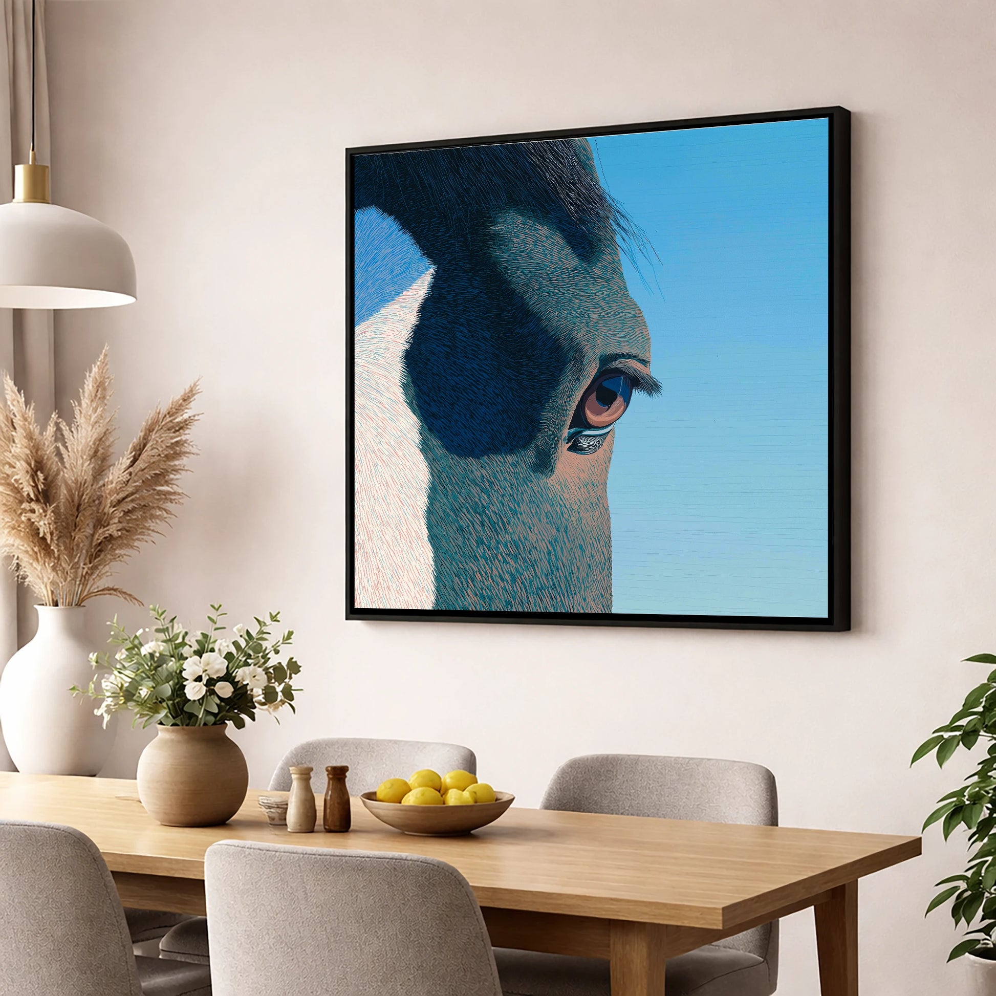 Stillness in Blue horse portrait wall art displayed in a dining room