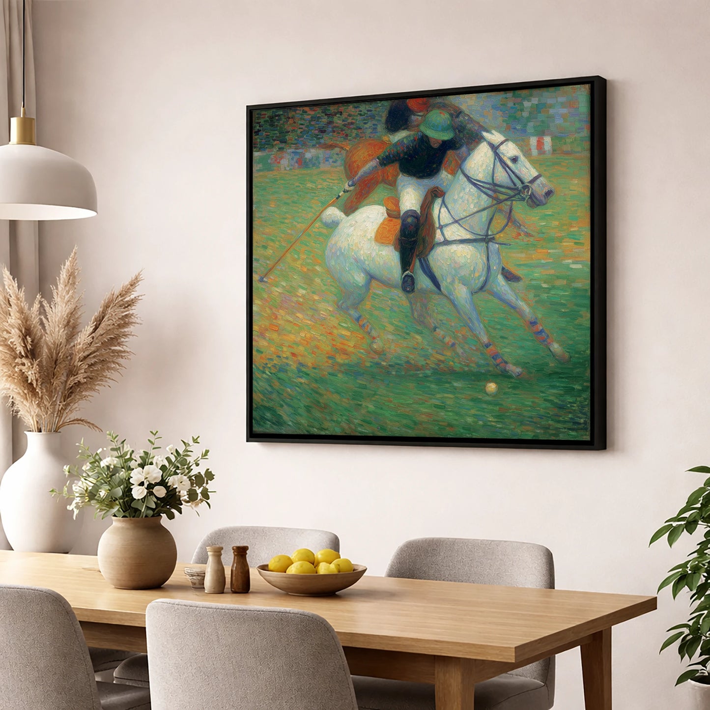 Luminous Polo Charge polo horse wall art displayed in a dining room