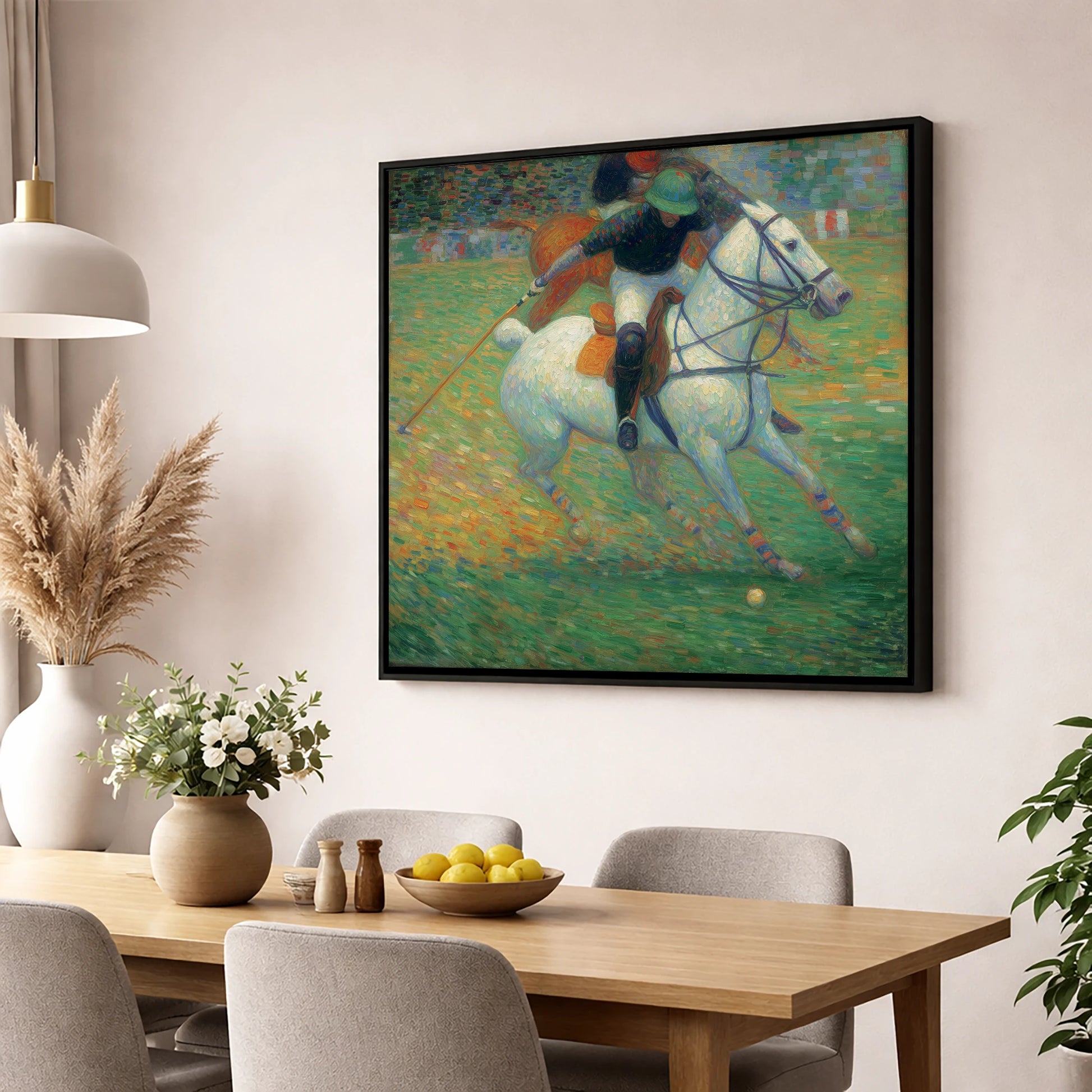 Luminous Polo Charge polo horse wall art displayed in a dining room