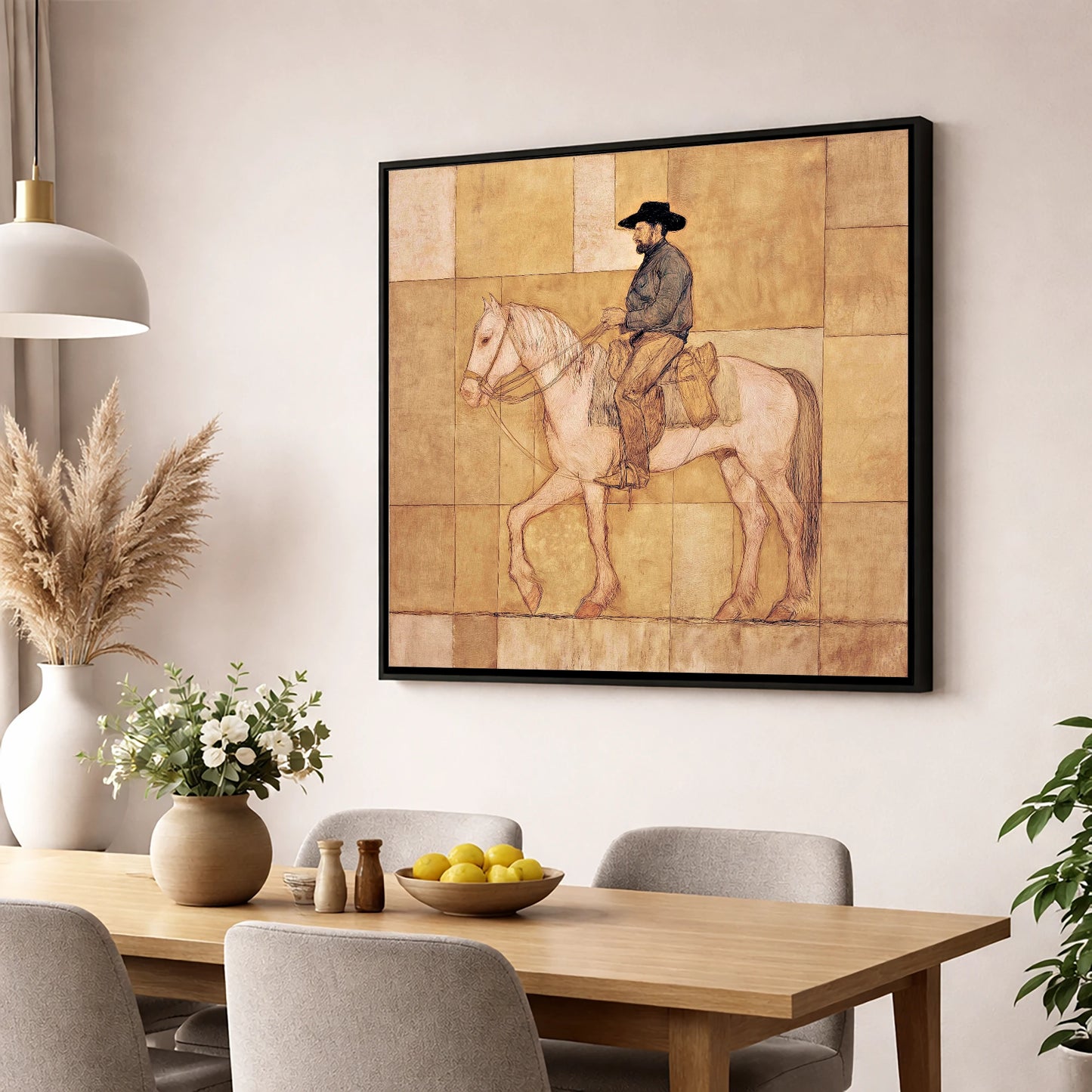 The Golden Trail western horse wall art displayed in a dining room