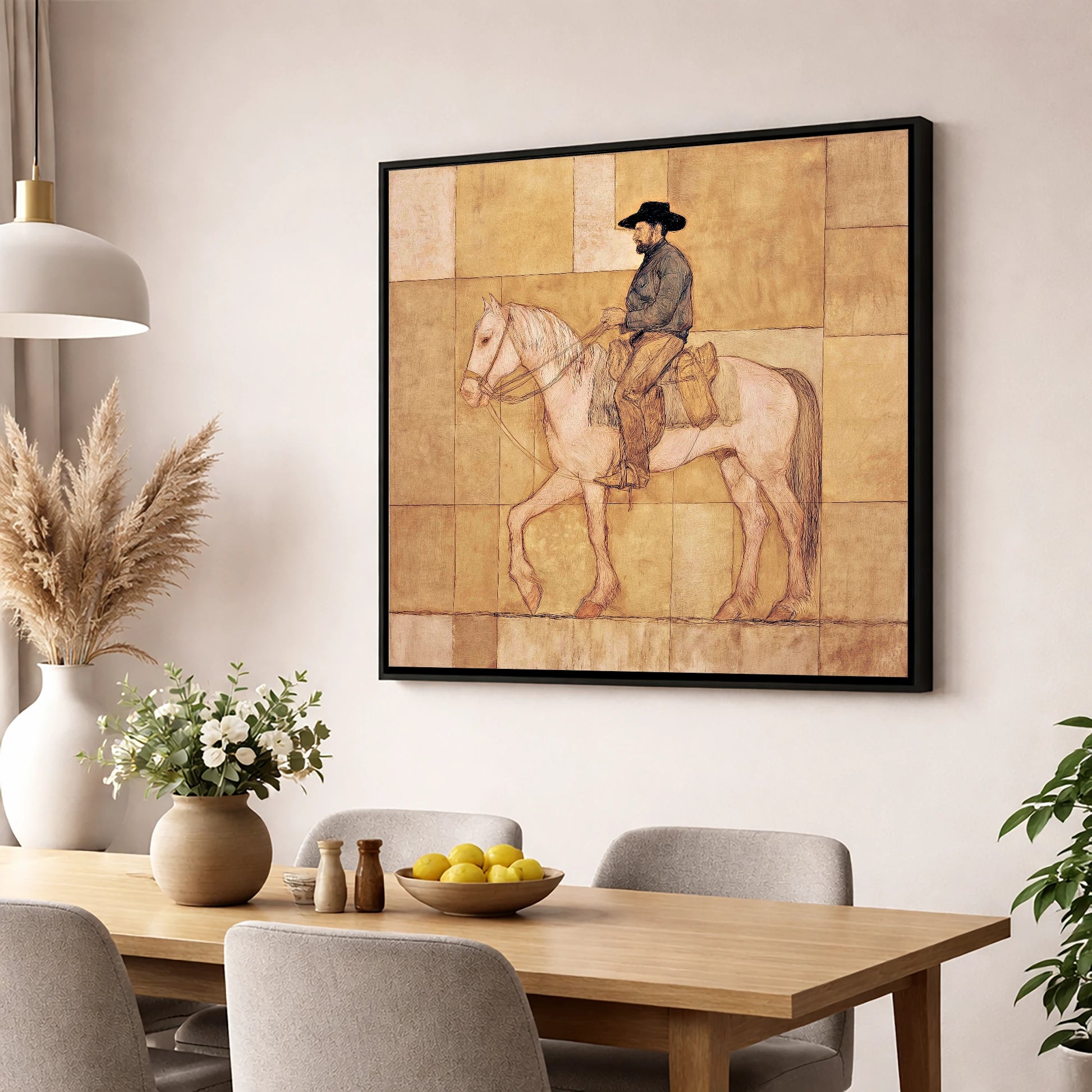 The Golden Trail western horse wall art displayed in a dining room
