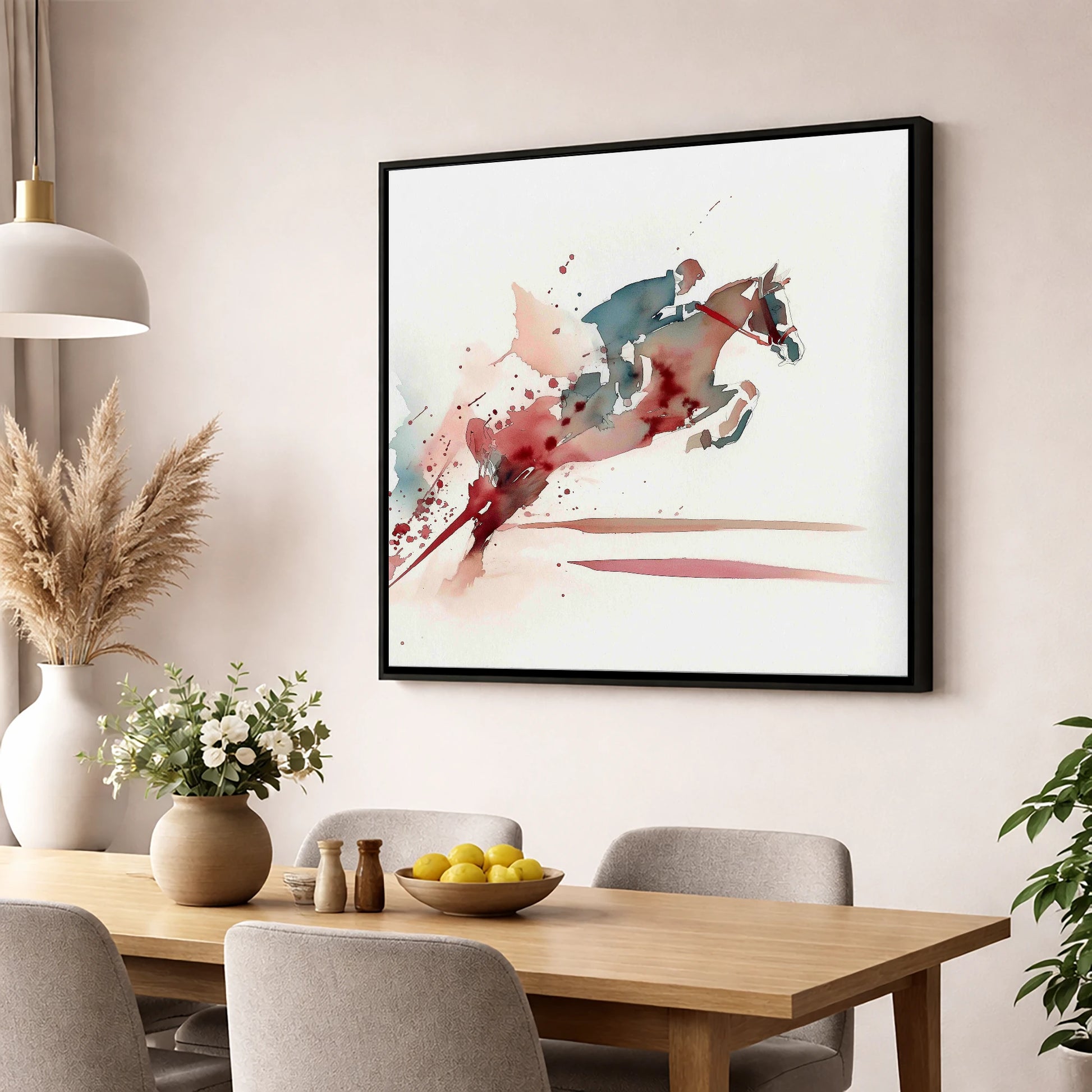 Crimson Ascent show jumping horse wall art displayed in a dining room