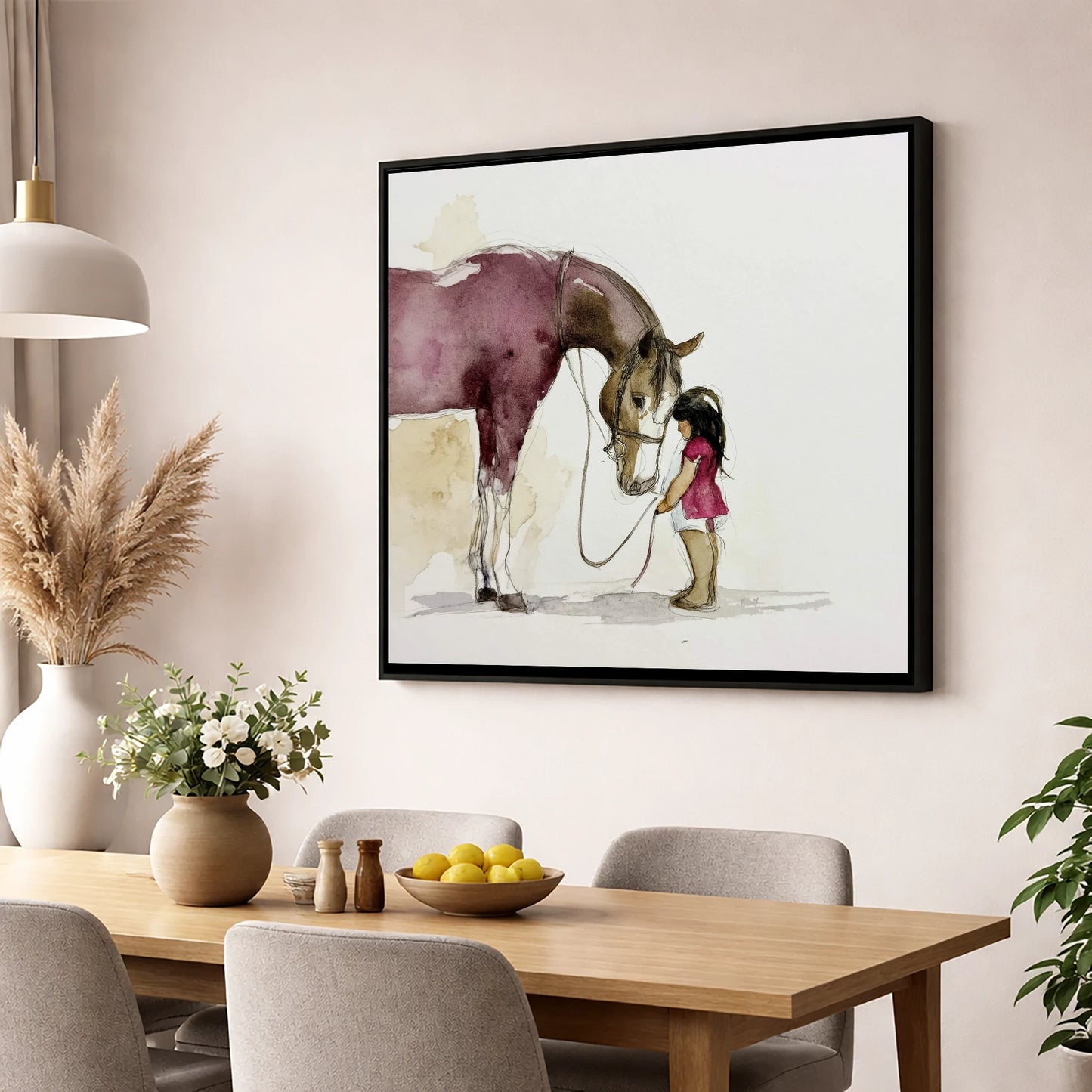 A Quiet Understanding horse & rider wall art displayed in a dining room