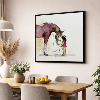 A Quiet Understanding horse & rider wall art displayed in a dining room