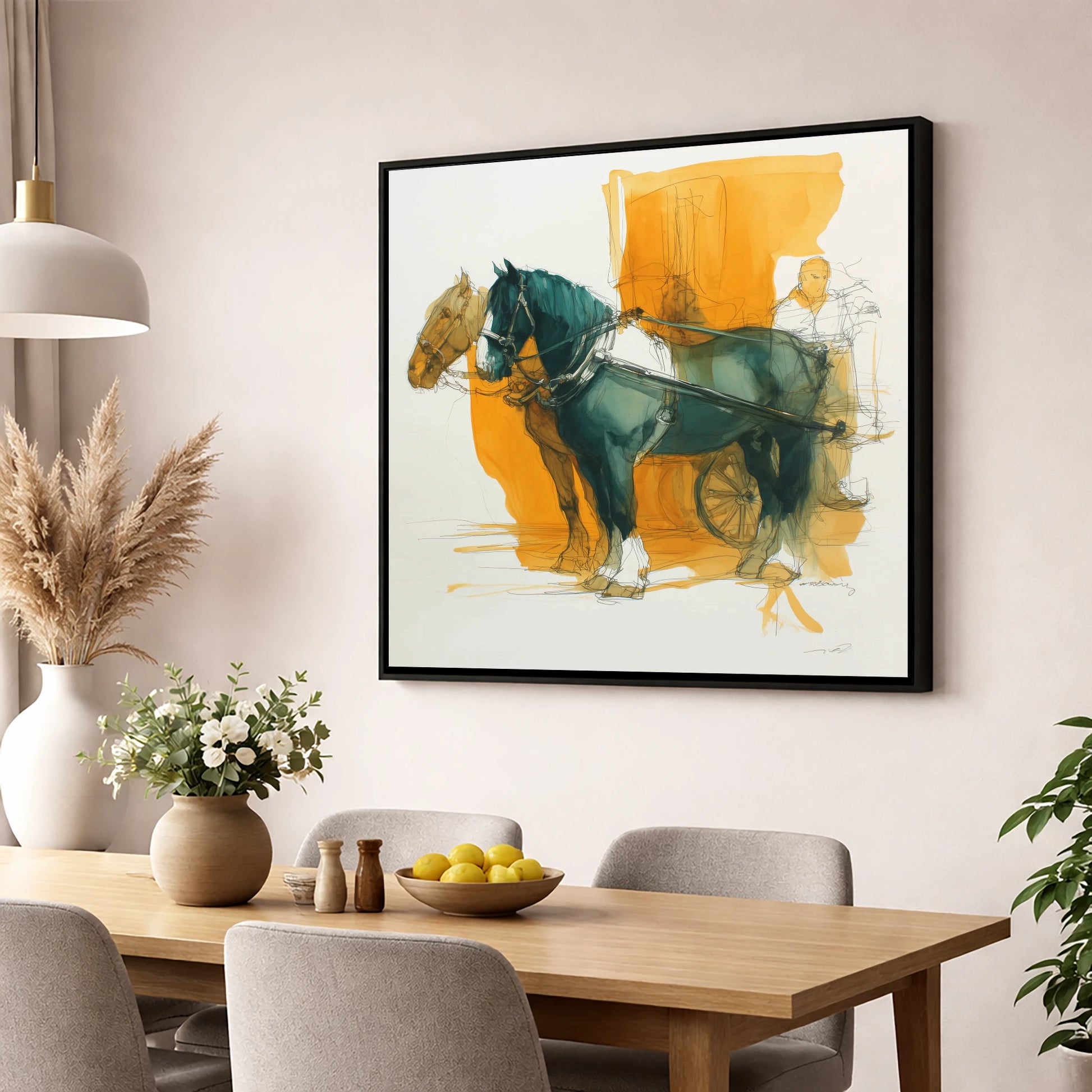 Harnessed in Amber working horse wall art displayed in a dining room