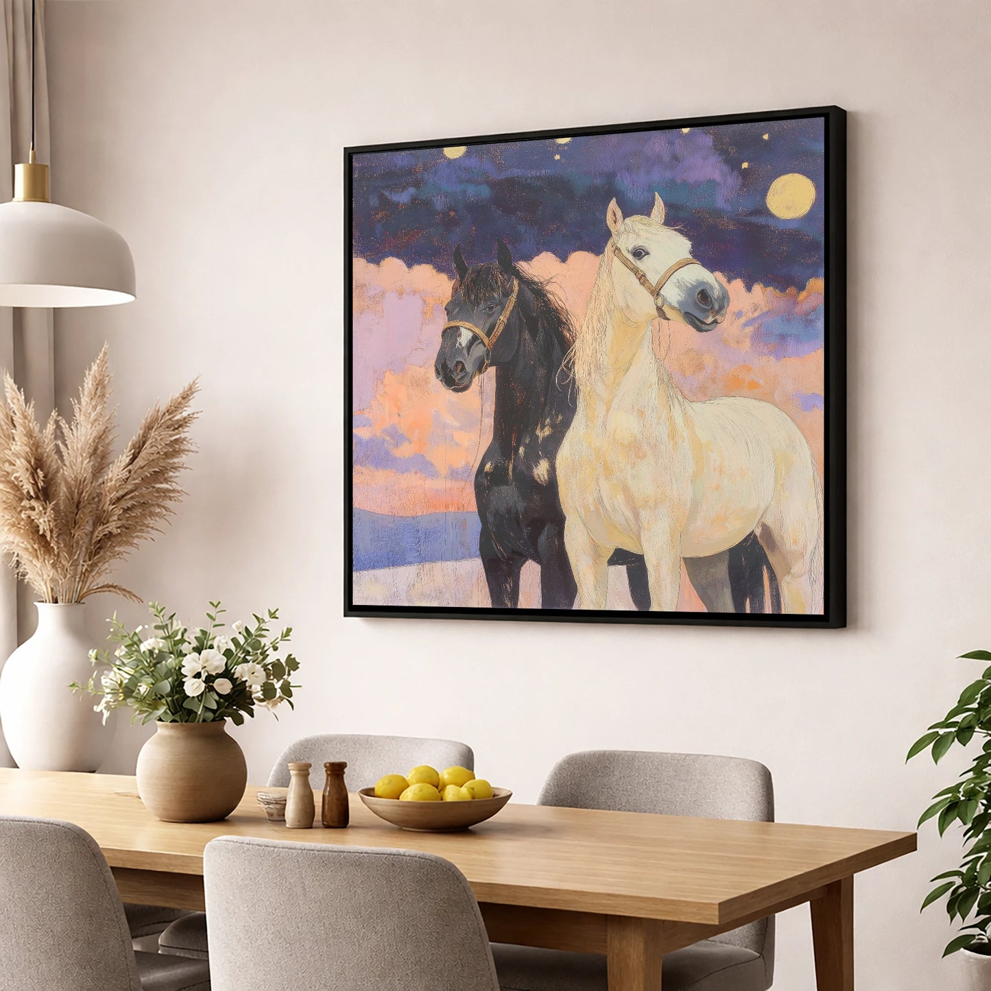 Celestial Companions horse landscape wall art displayed in a dining room