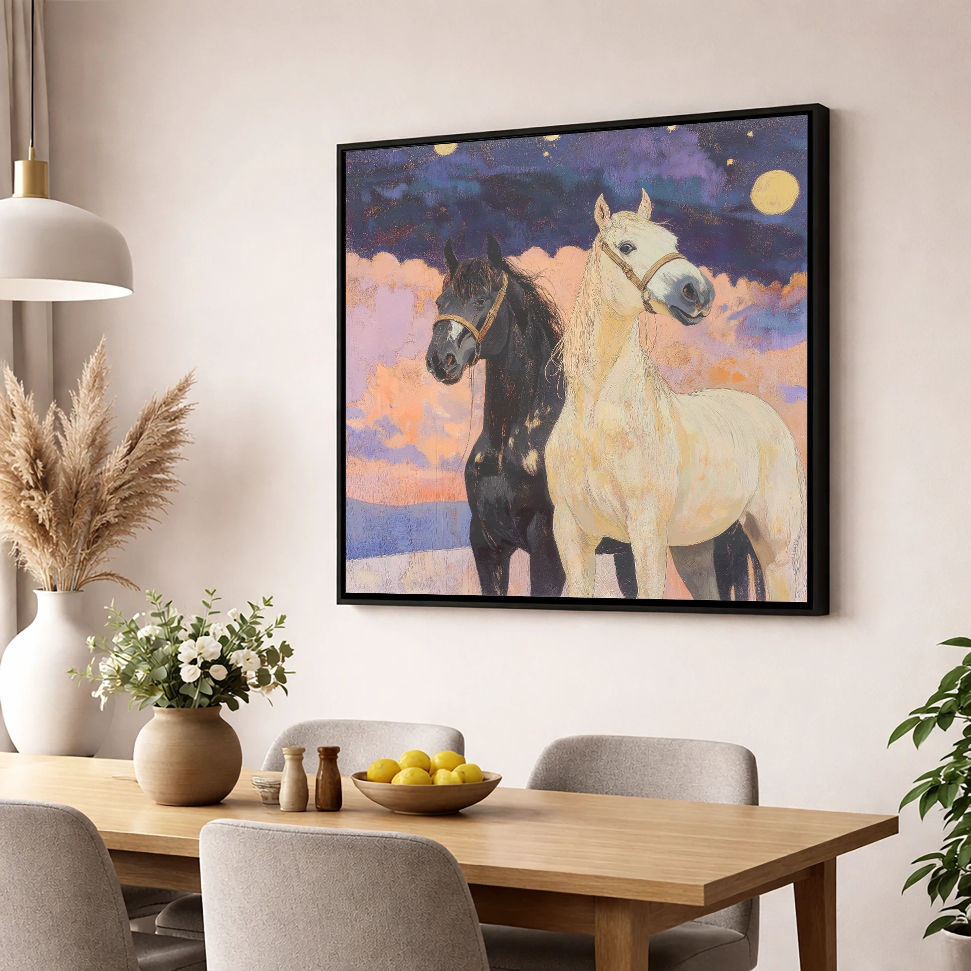 Celestial Companions horse landscape wall art displayed in a dining room