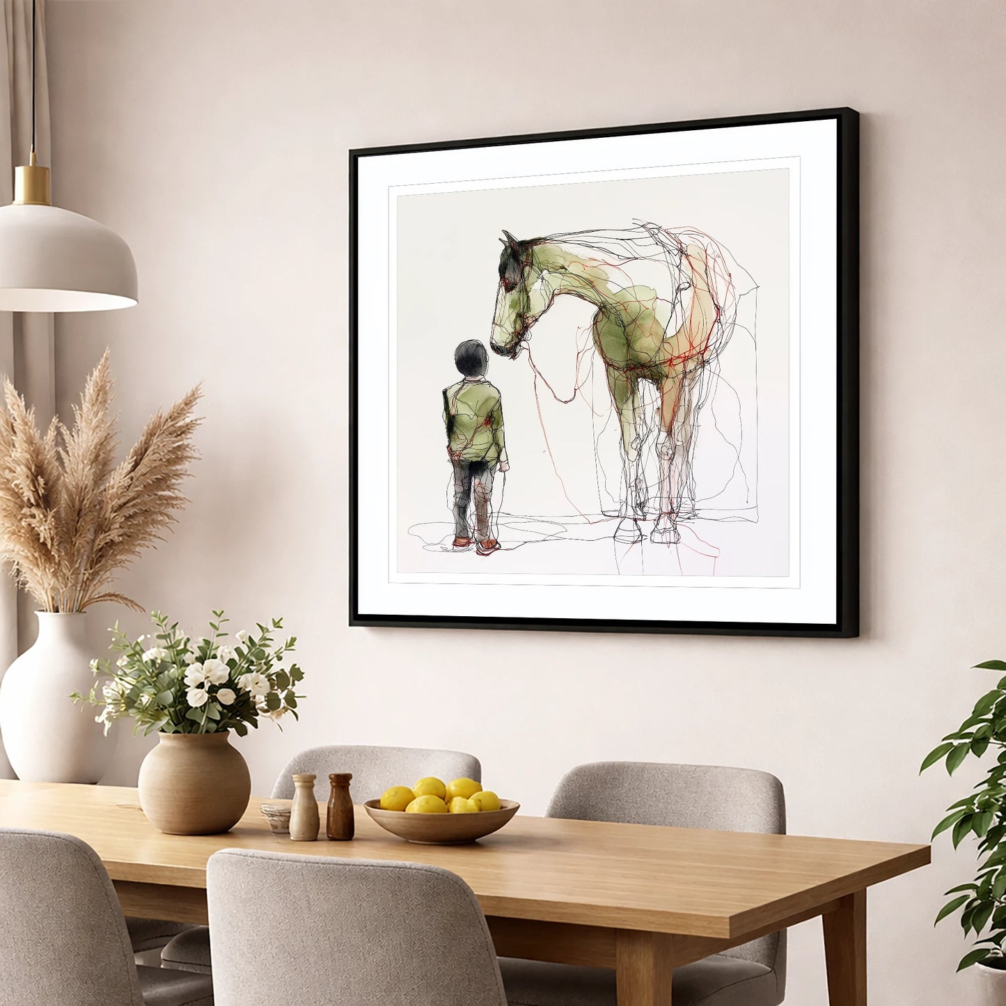 Threads of Connection horse & rider wall art displayed in a dining room