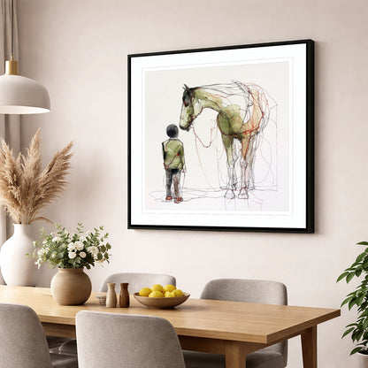 Threads of Connection horse & rider wall art displayed in a dining room