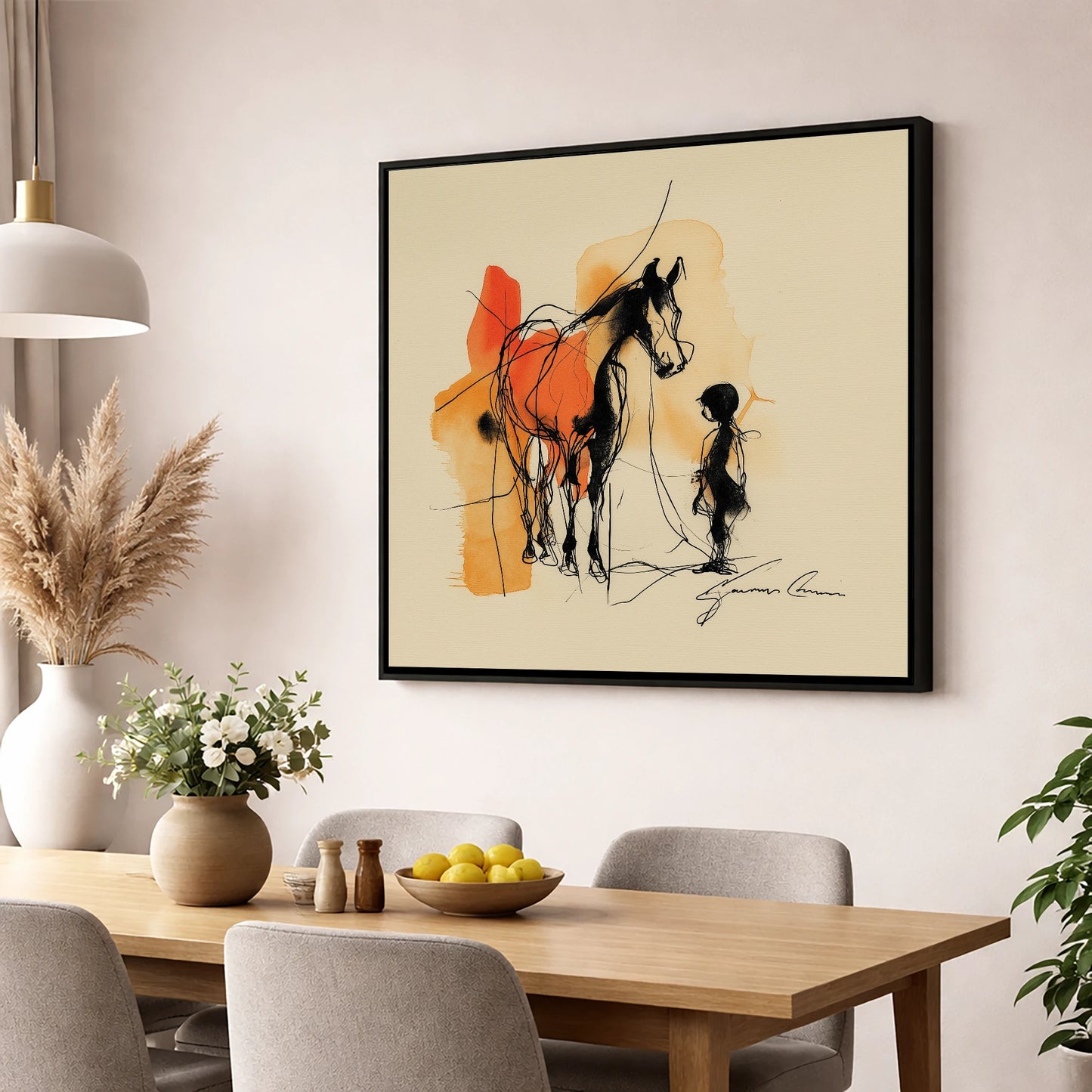 The Unspoken Bond horse & rider wall art displayed in a dining room