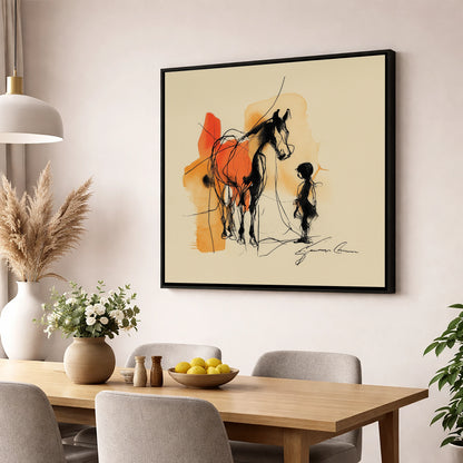 The Unspoken Bond horse & rider wall art displayed in a dining room