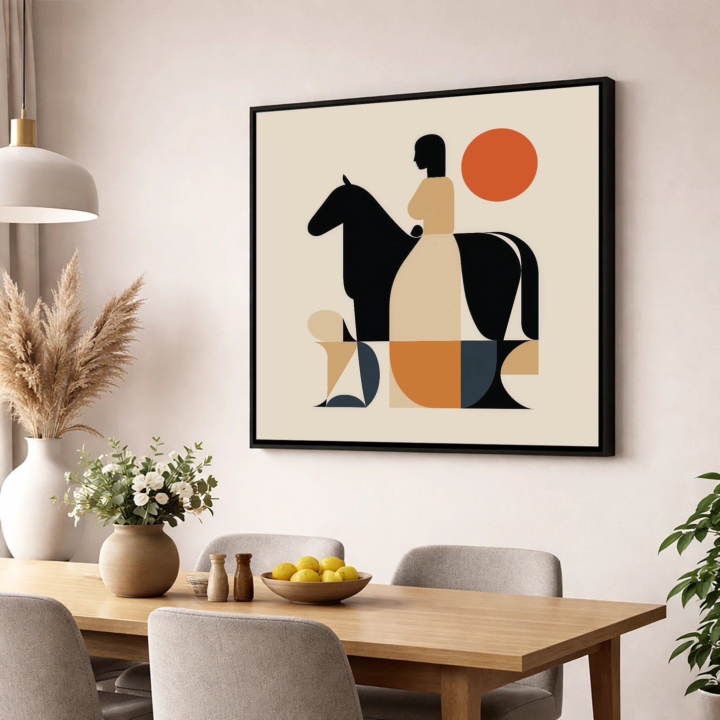 Harmony in Silhouette horse & rider wall art displayed in a dining room
