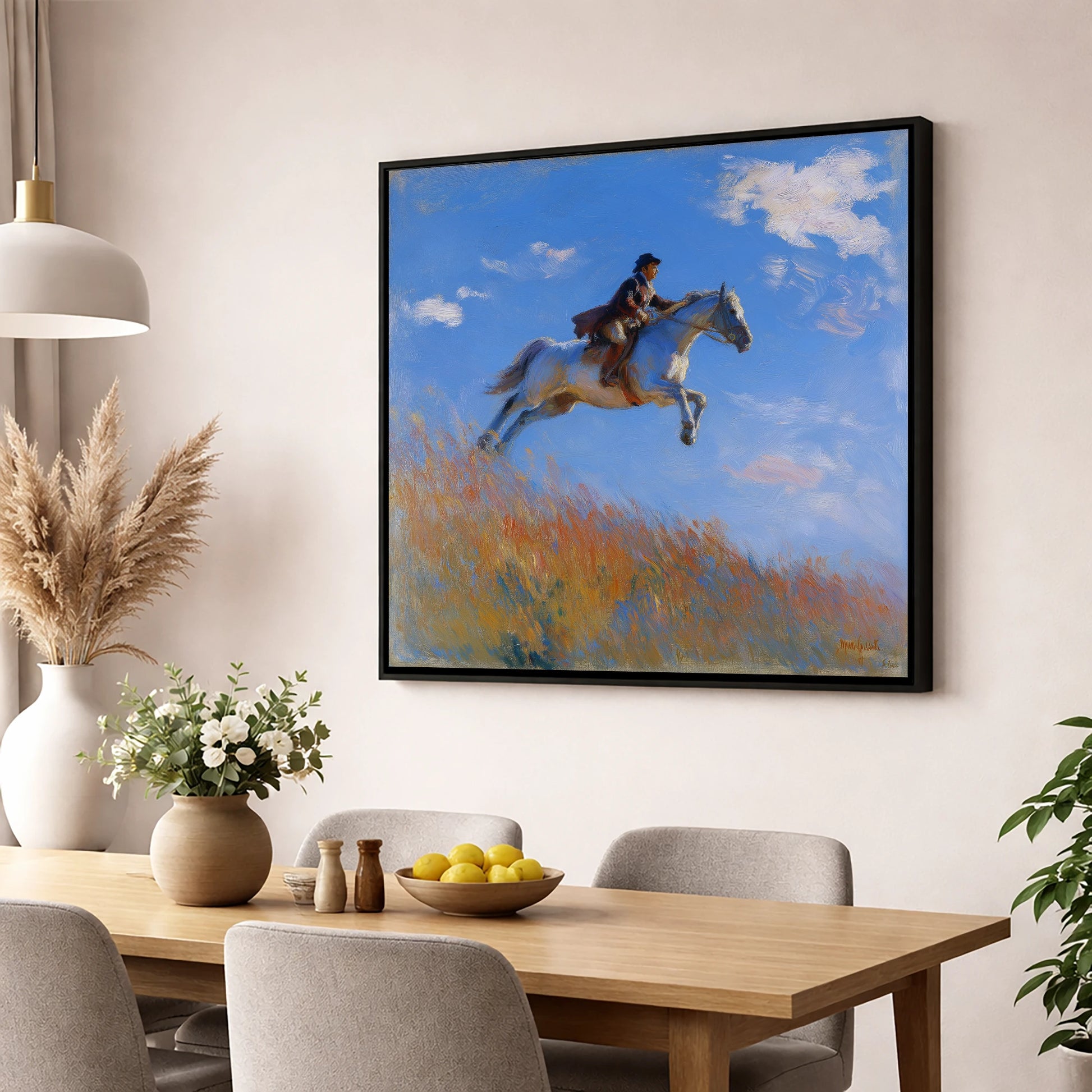 Clearing the Crest show jumping horse wall art displayed in a dining room