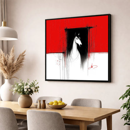 The Crimson Doorway horse stable wall art displayed in a dining room