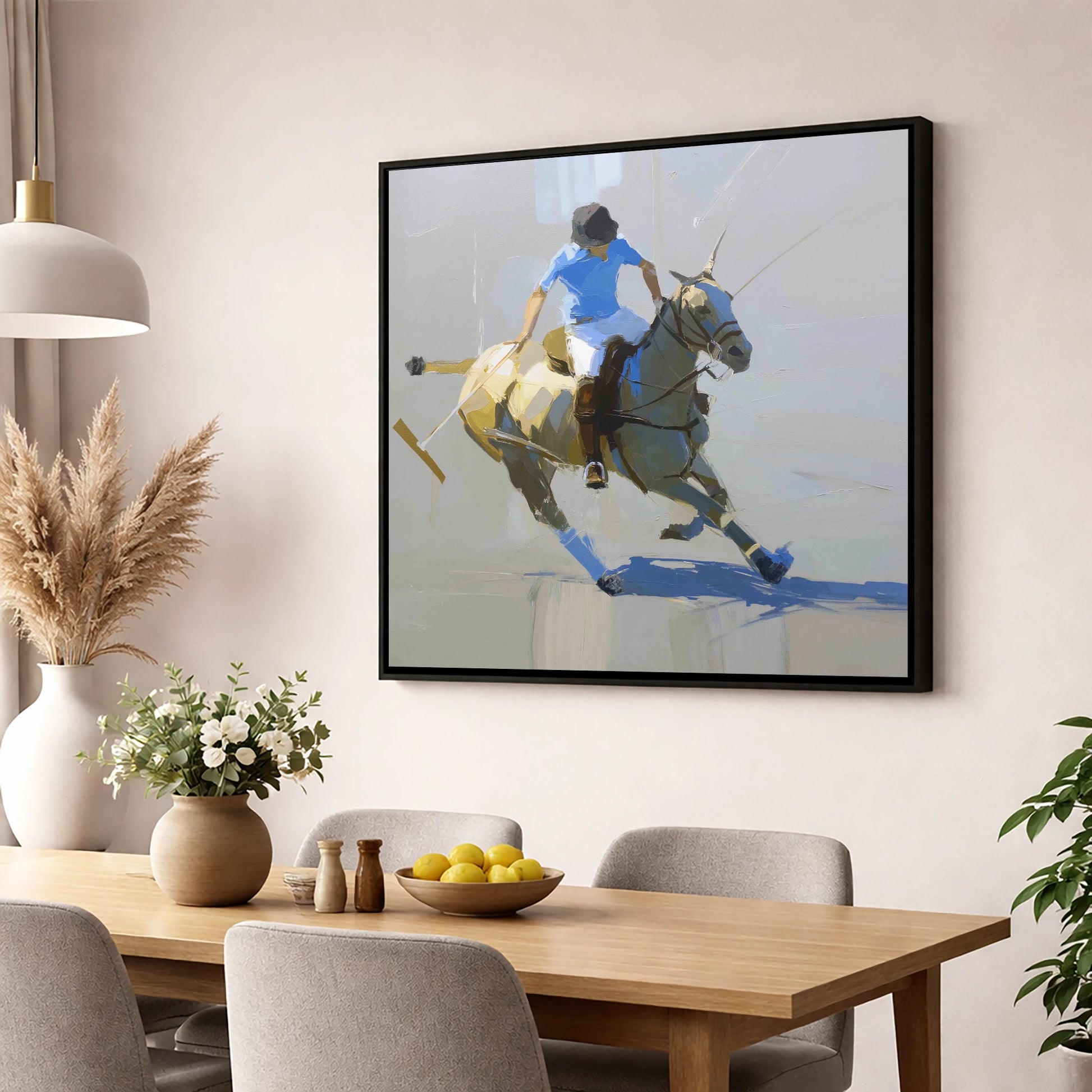 High Goal Pursuit polo horse wall art displayed in a dining room