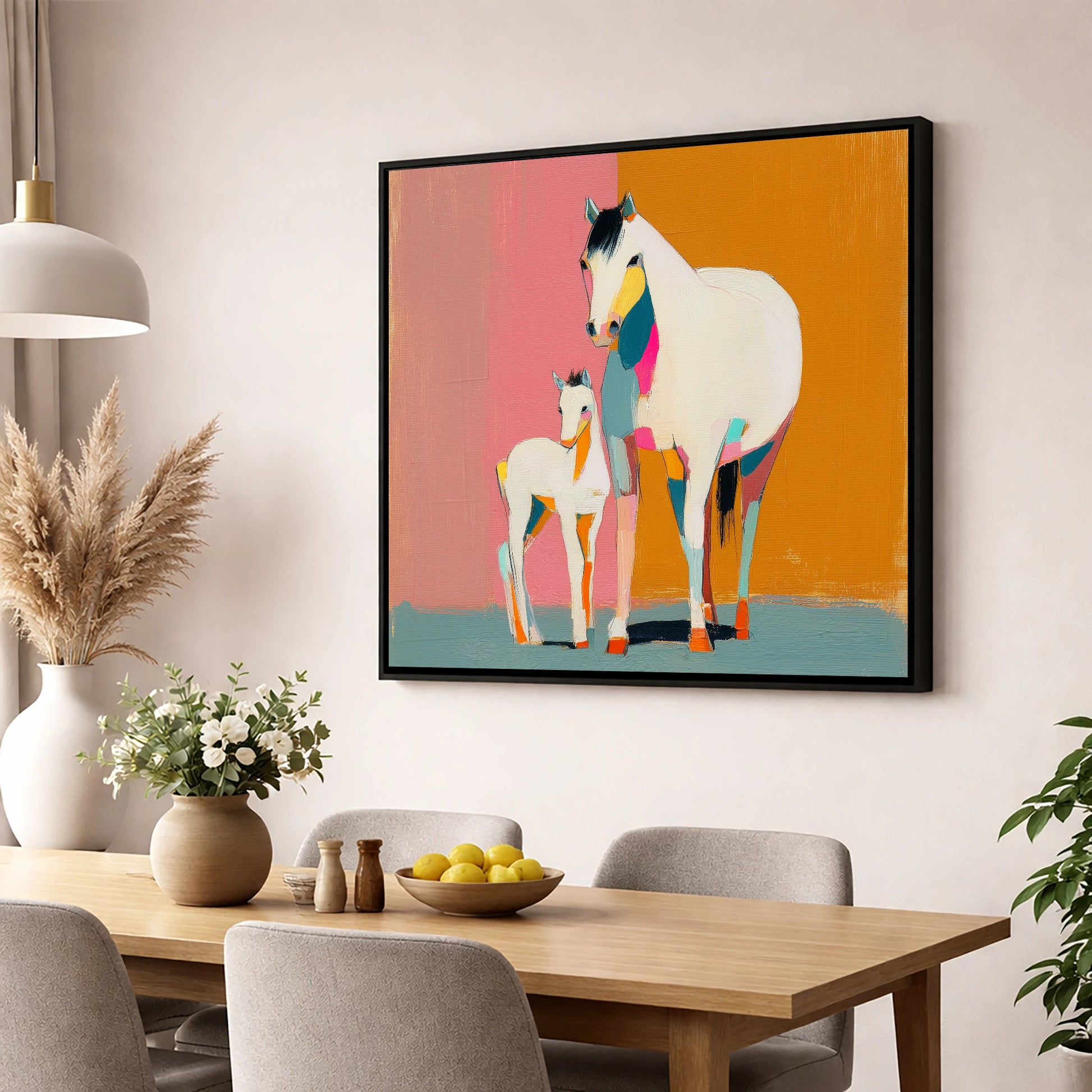 Vibrant Mare And Foal mare & foal wall art displayed in a dining room