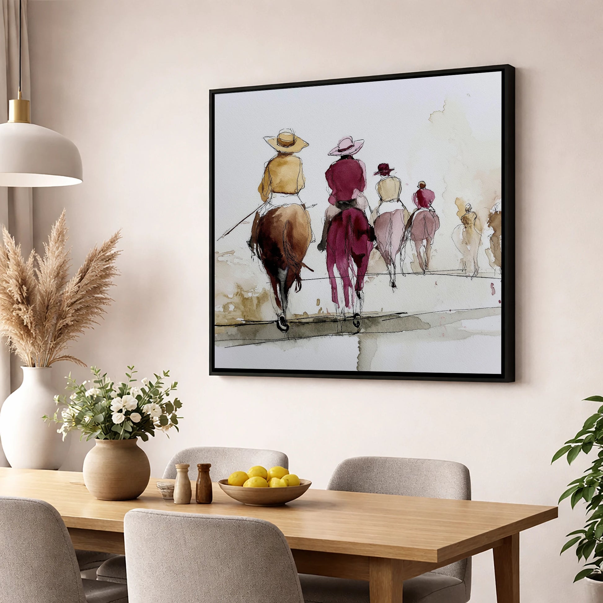 The Morning String racing horse wall art displayed in a dining room