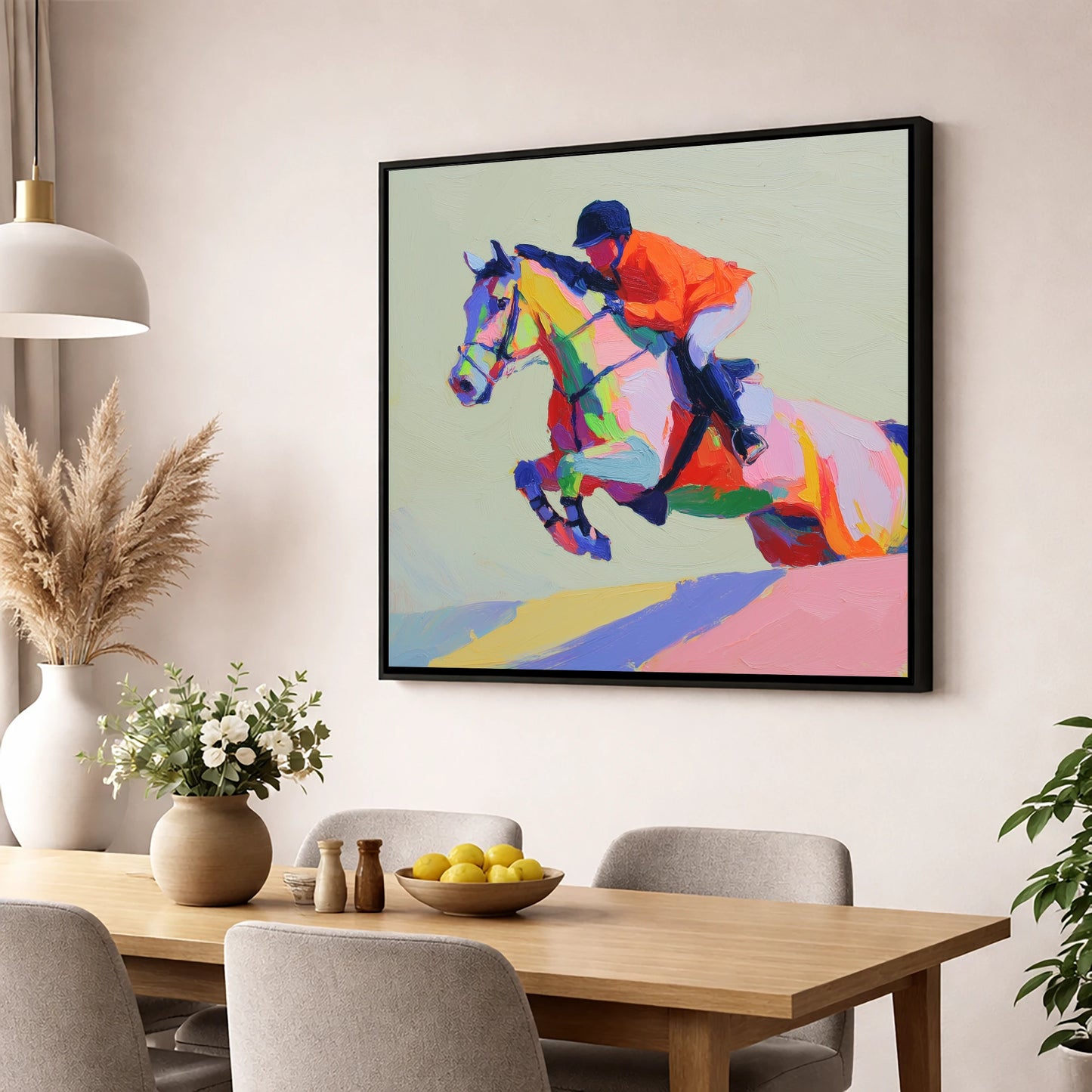 Technicolour Flight show jumping horse wall art displayed in a dining room