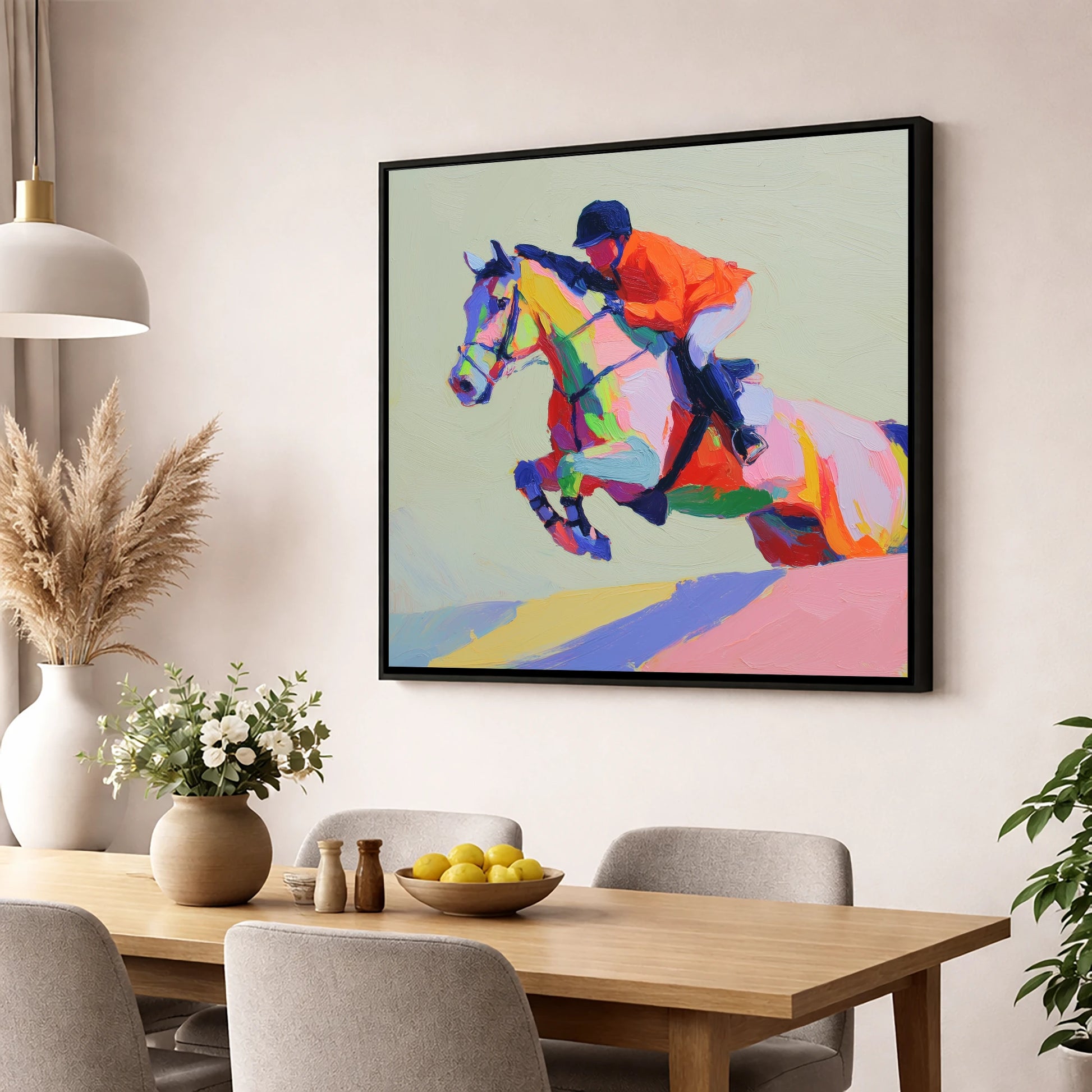 Technicolour Flight show jumping horse wall art displayed in a dining room