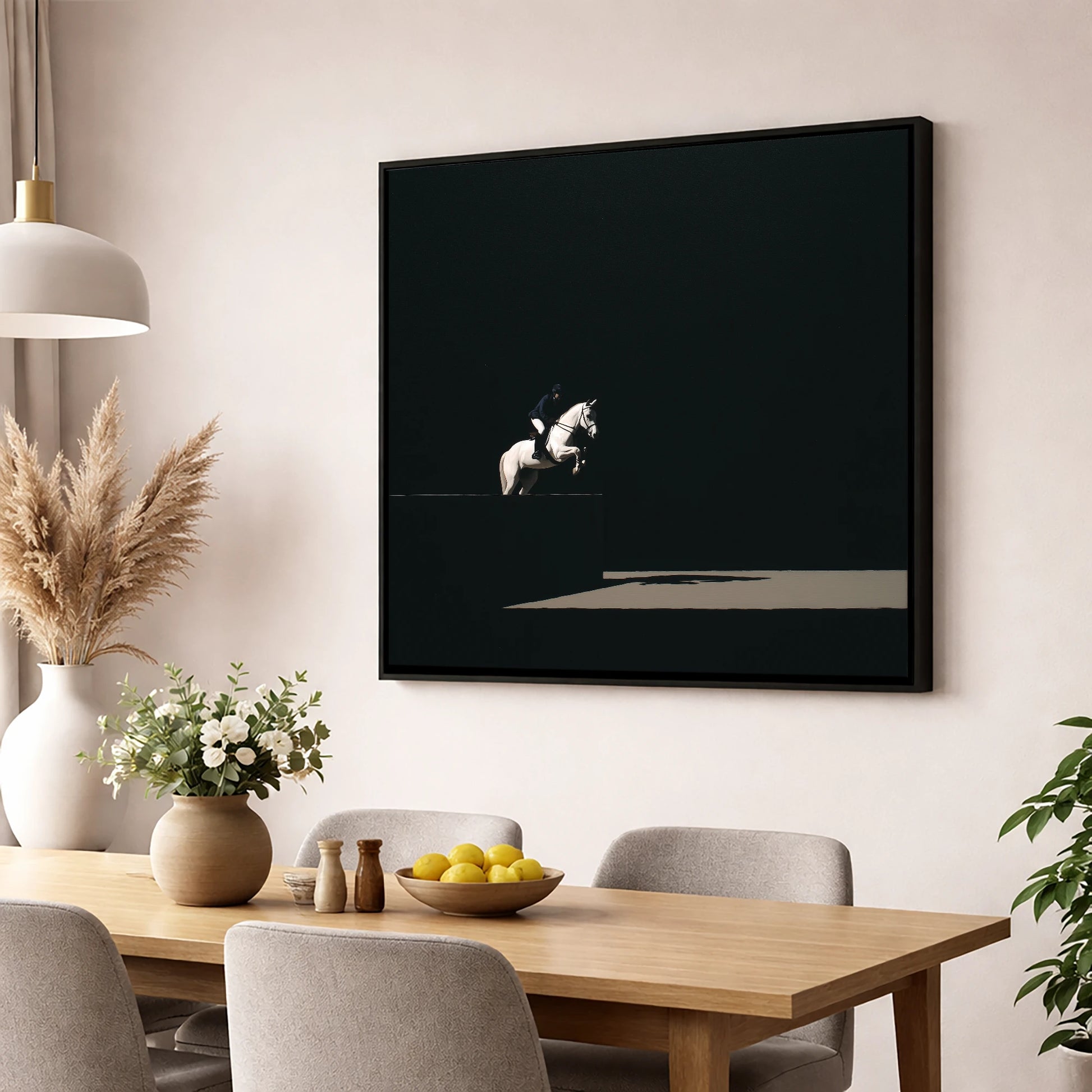 Suspended in Obsidian show jumping horse wall art displayed in a dining room