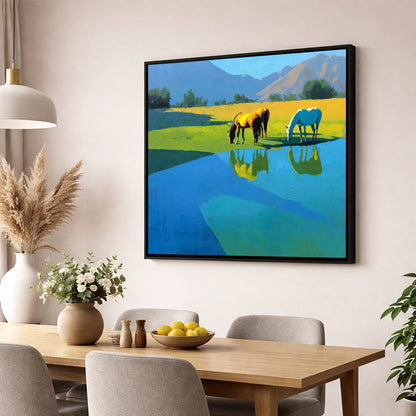 Sunlit Waterside Grazing wild horses wall art displayed in a dining room