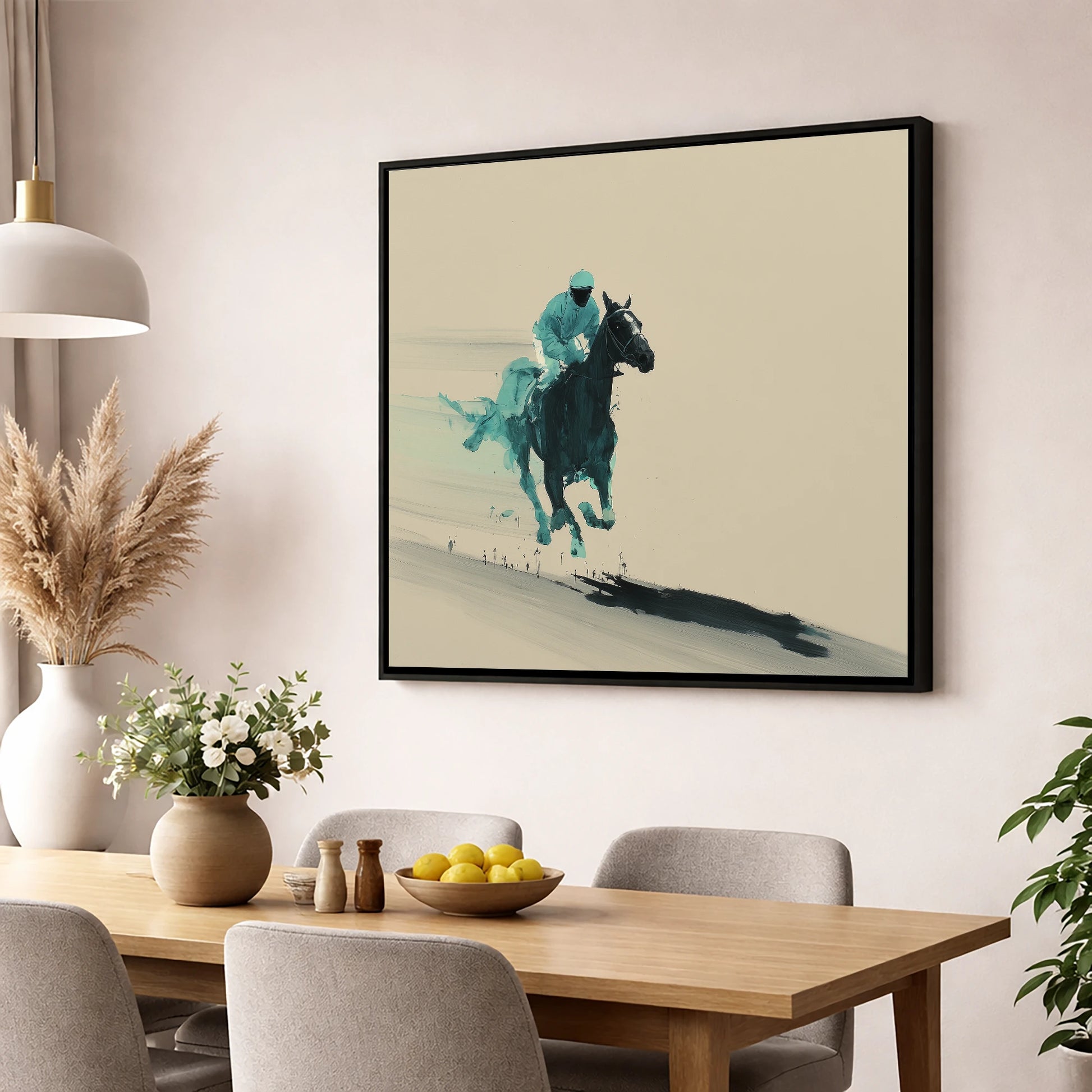 Velocity in Teal racing horse wall art displayed in a dining room