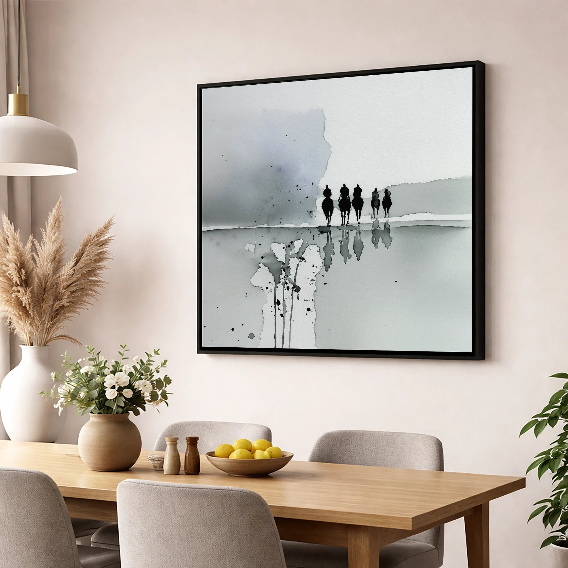 The Morning String racing horse wall art displayed in a dining room