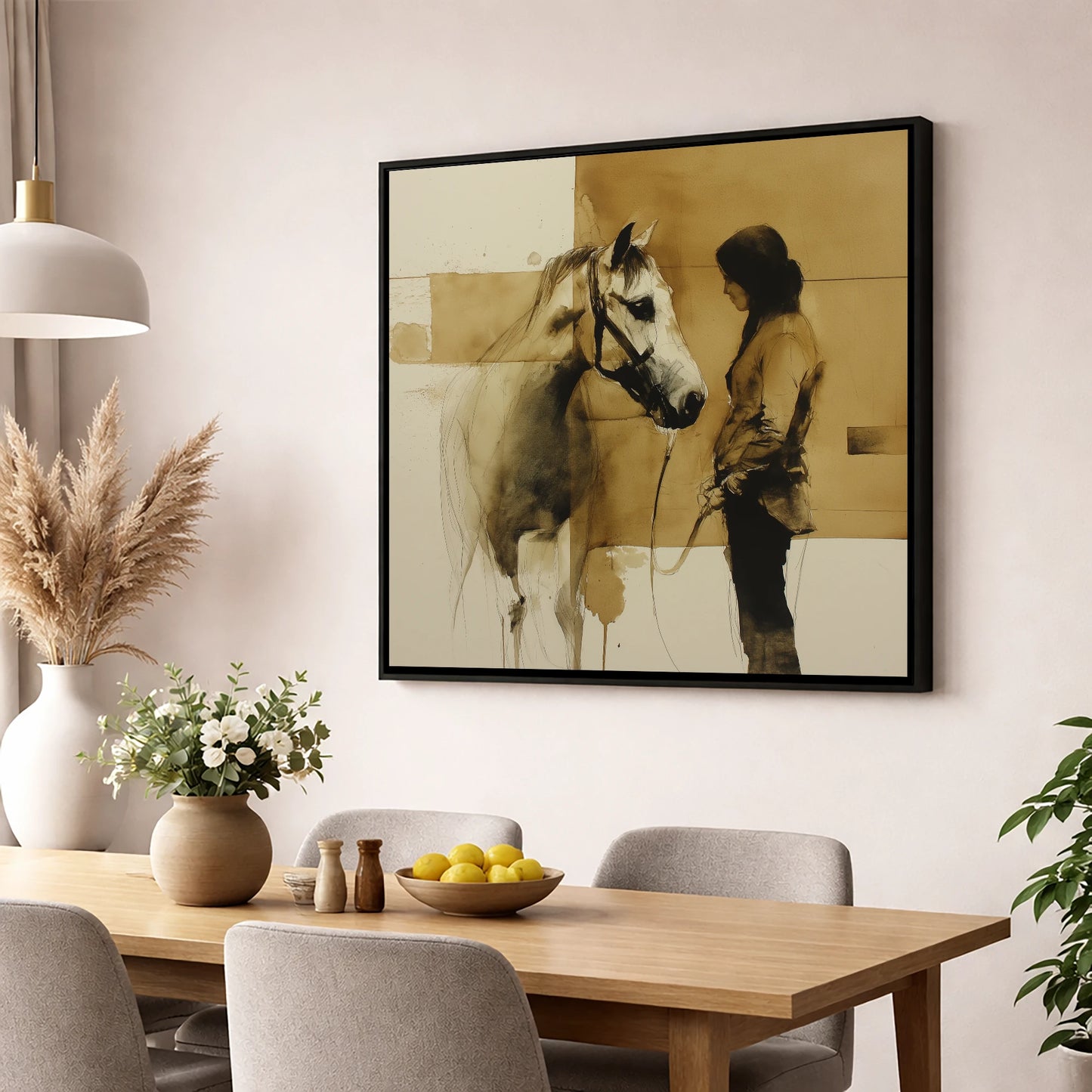 Silent Dialogue horse & rider wall art displayed in a dining room