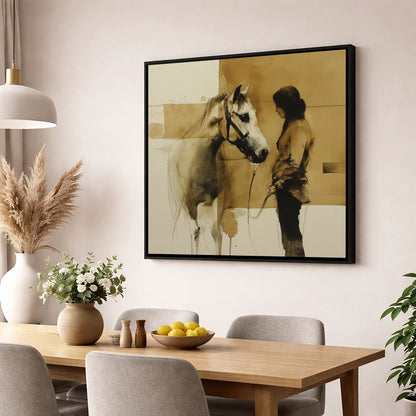 Silent Dialogue horse & rider wall art displayed in a dining room