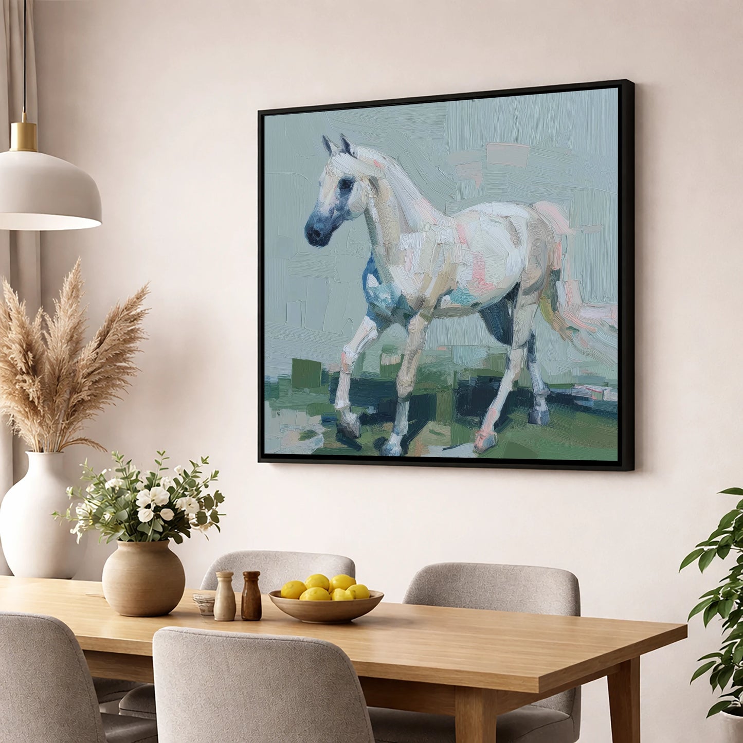 Contemporary Grey Stride horse breed wall art displayed in a dining room