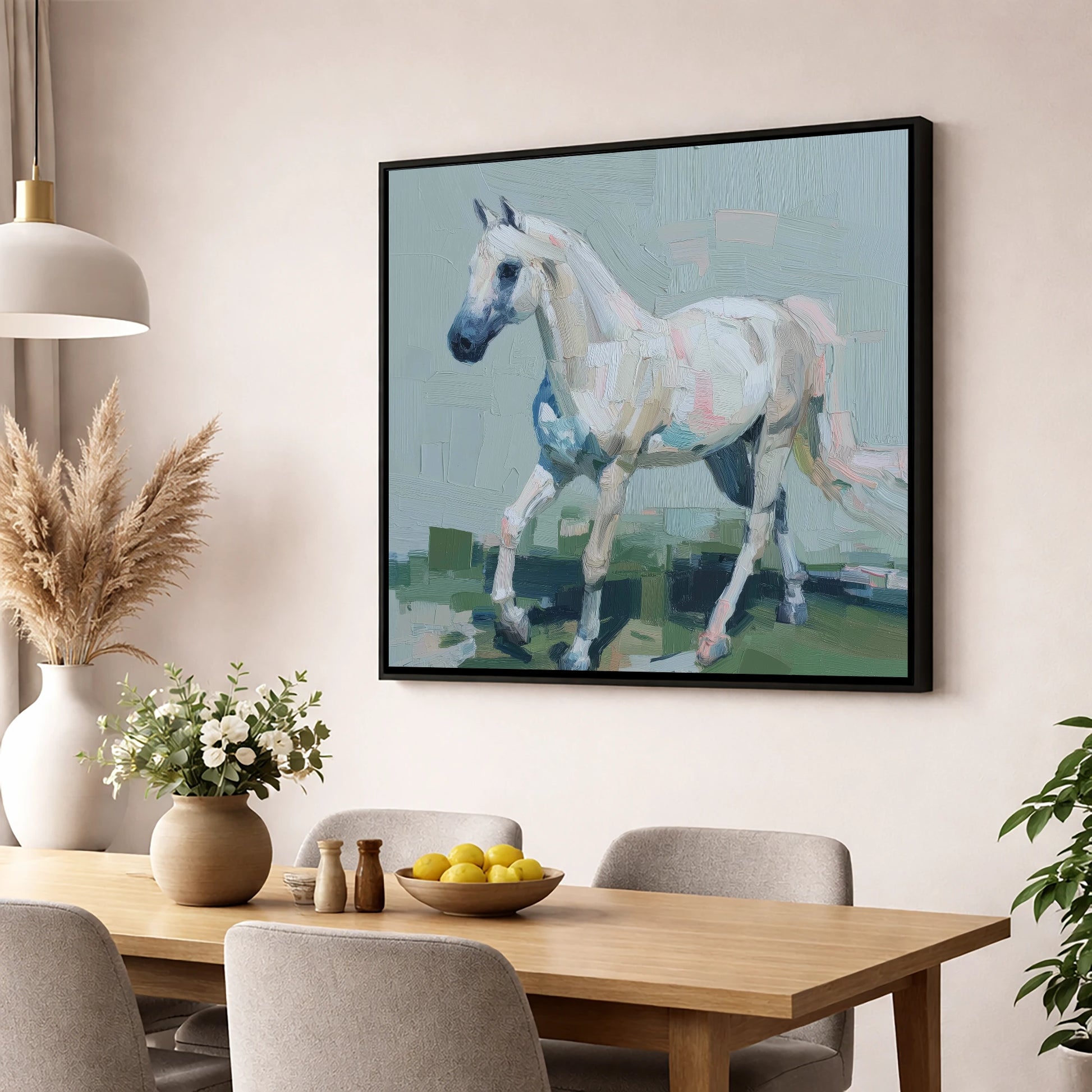 Contemporary Grey Stride horse breed wall art displayed in a dining room