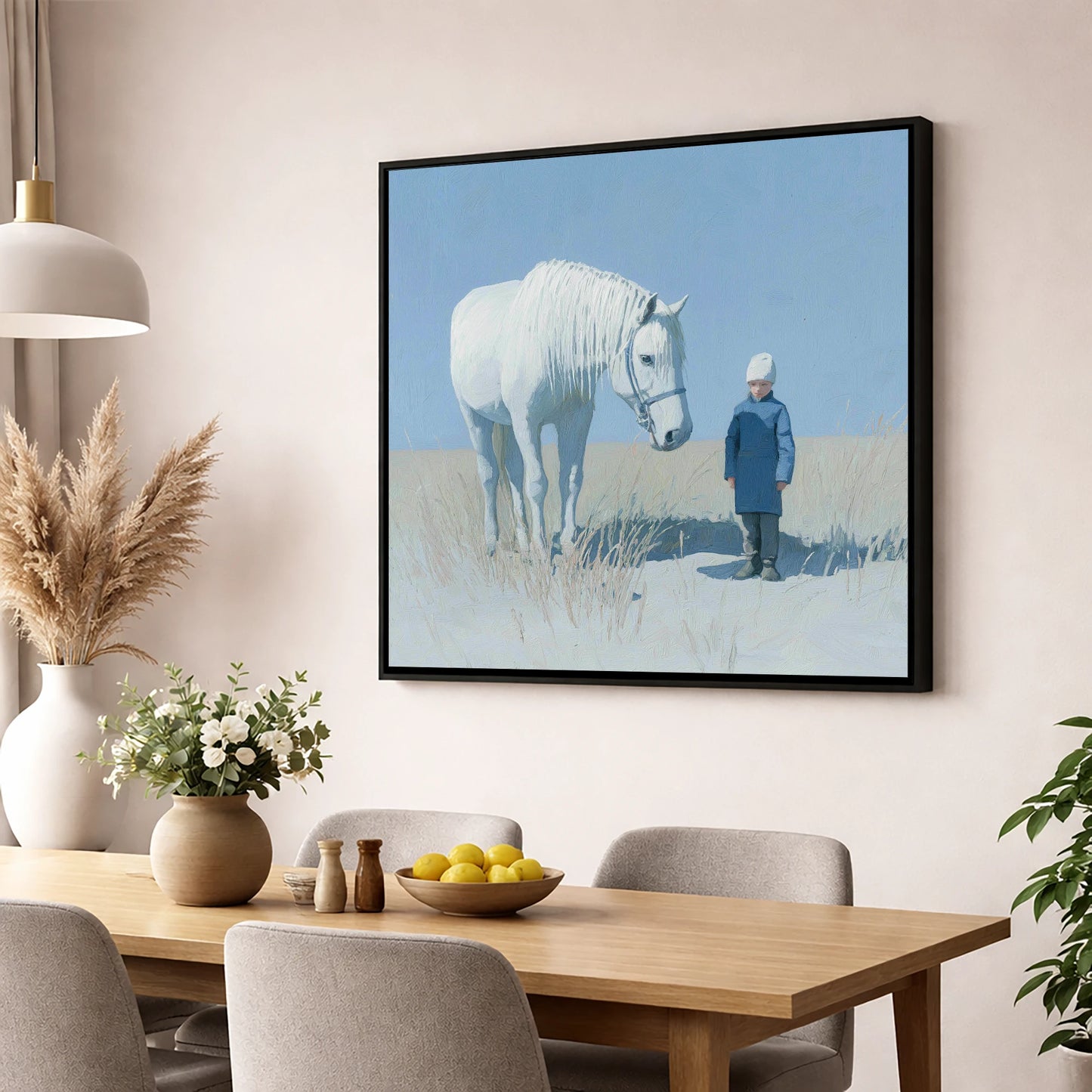 A Silent Understanding horse & rider wall art displayed in a dining room