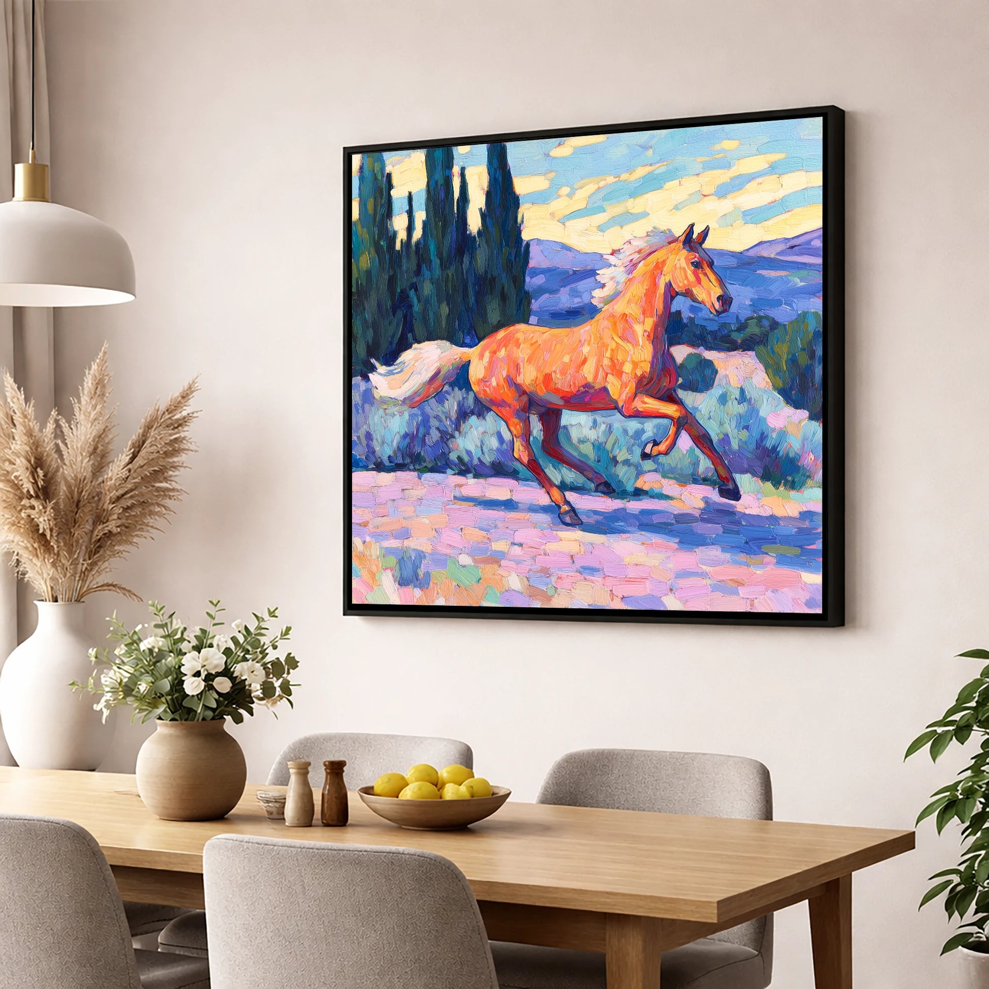 Vibrant Golden Canter horse breed wall art displayed in a dining room