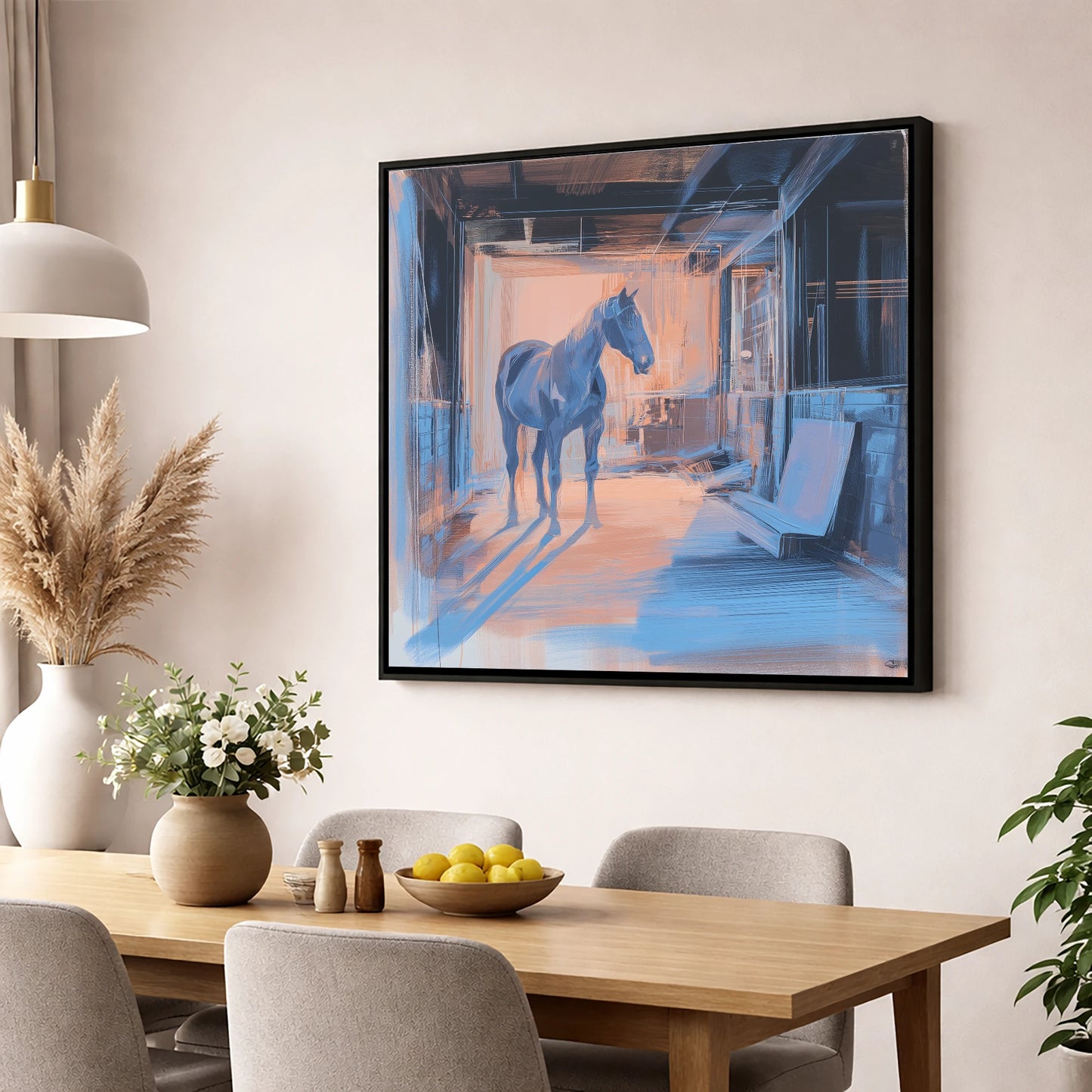 The Quiet Aisle horse stable wall art displayed in a dining room