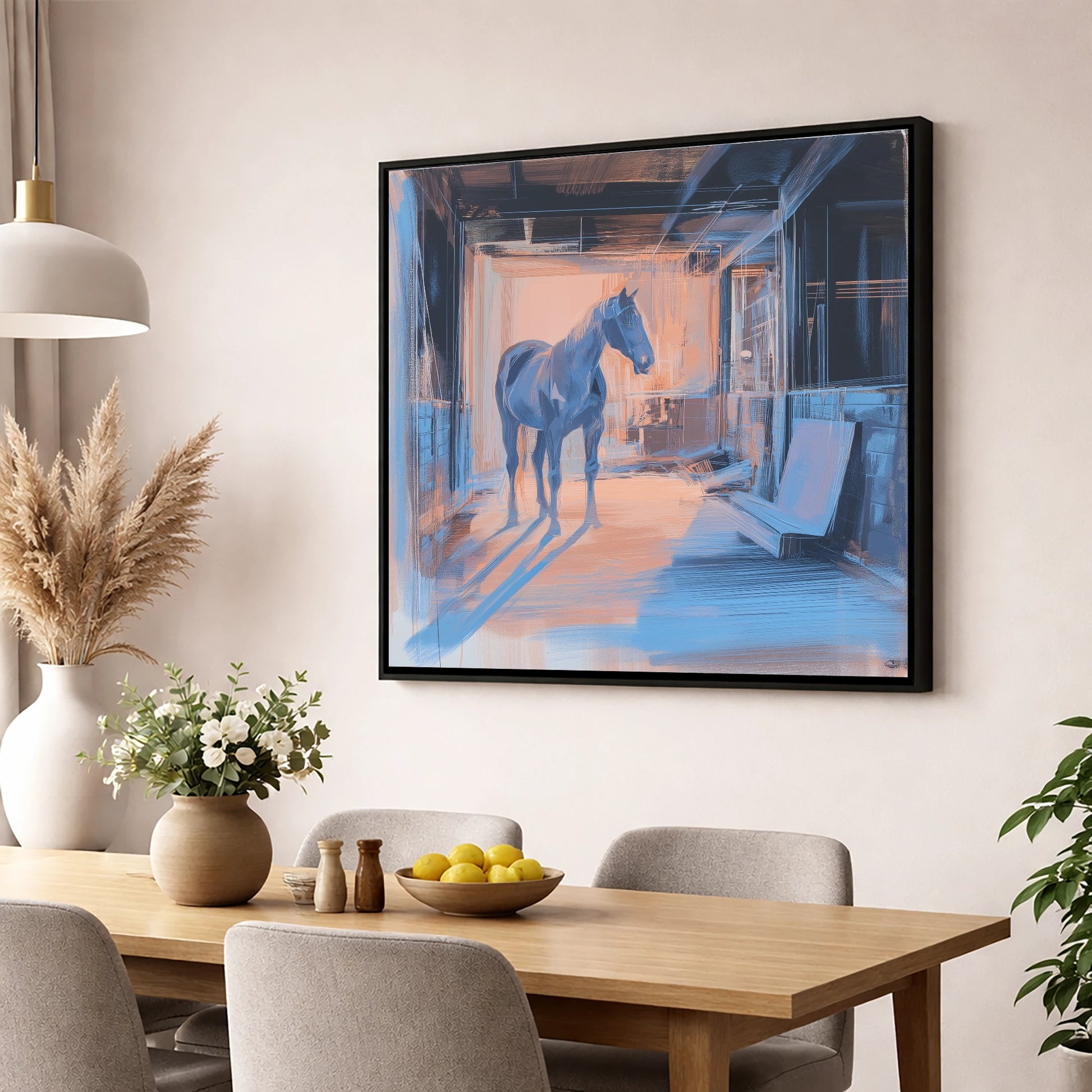 The Quiet Aisle horse stable wall art displayed in a dining room