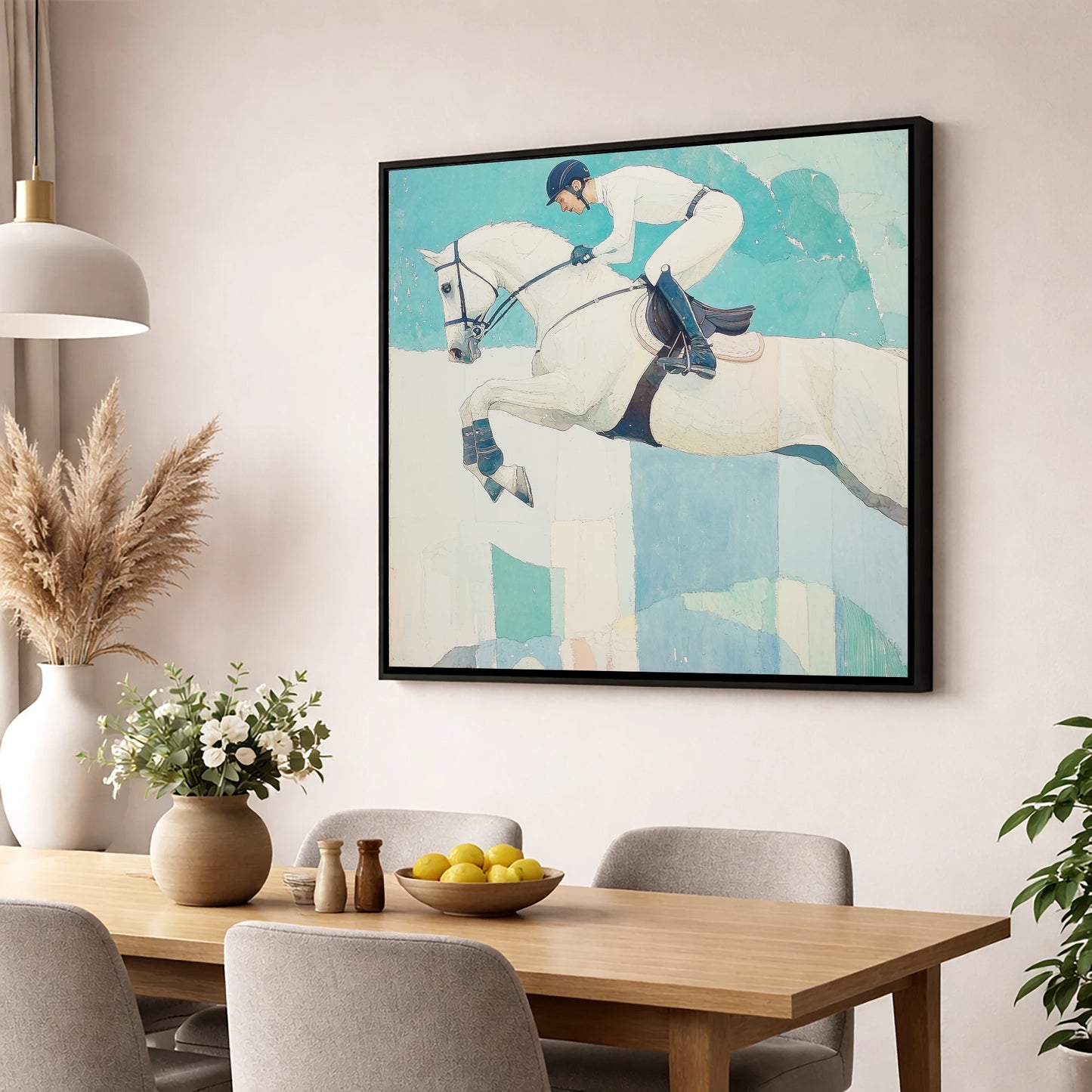 Teal Ascent show jumping horse wall art displayed in a dining room