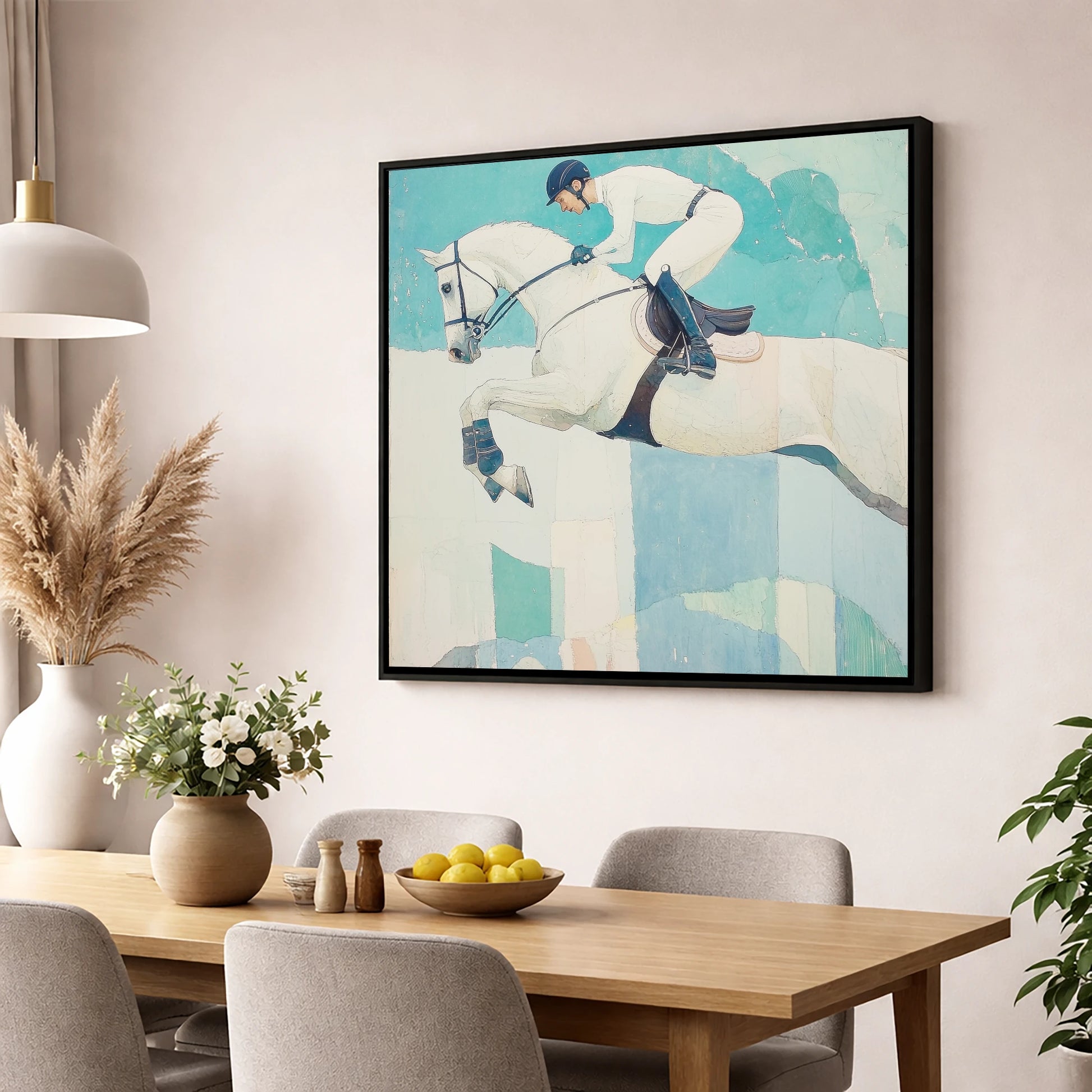 Teal Ascent show jumping horse wall art displayed in a dining room