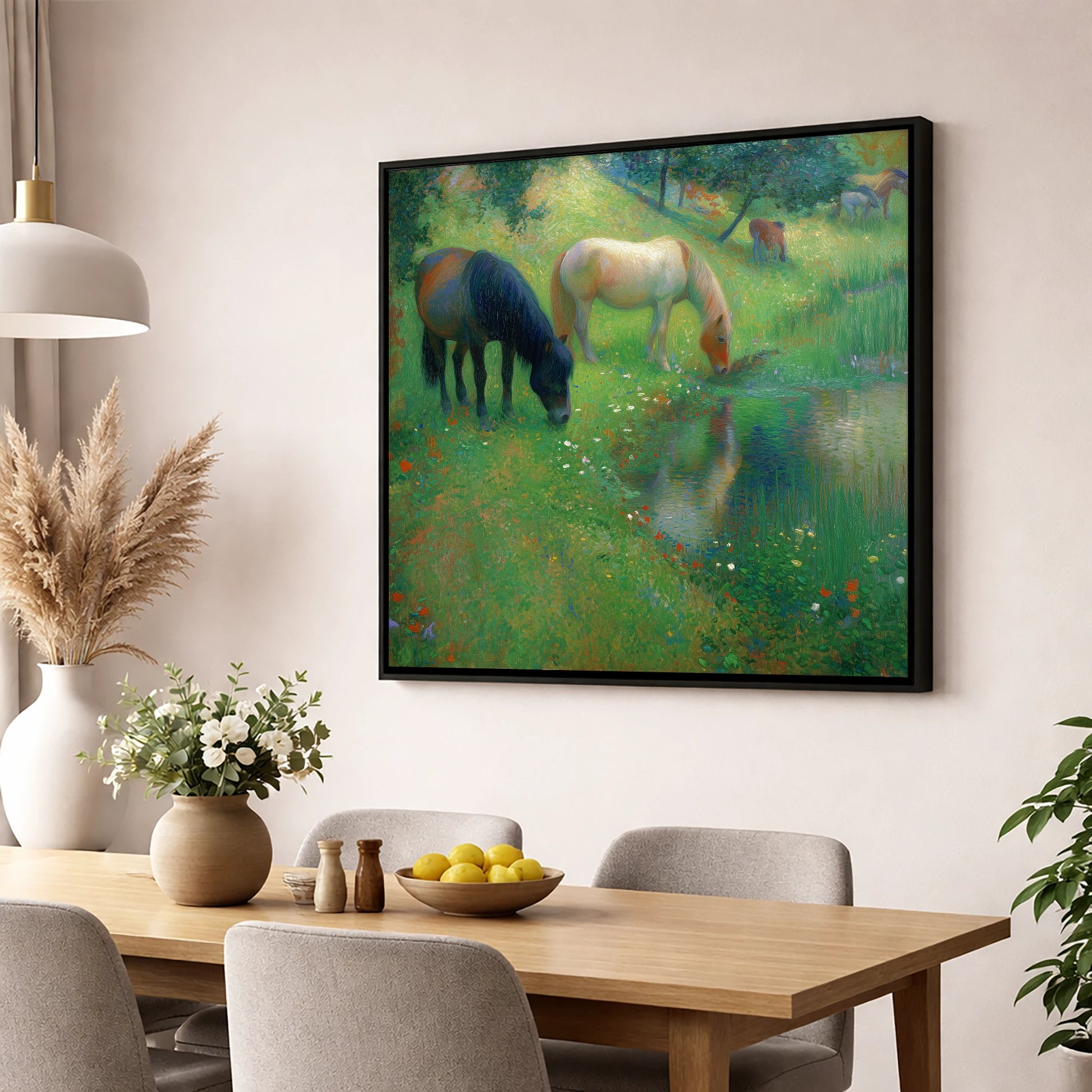 Tranquil Water Meadow horse landscape wall art displayed in a dining room