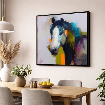 Contemporary Blaze Portrait horse portrait wall art displayed in a dining room