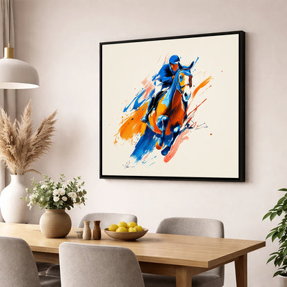 Airborne Energy show jumping horse wall art displayed in a dining room