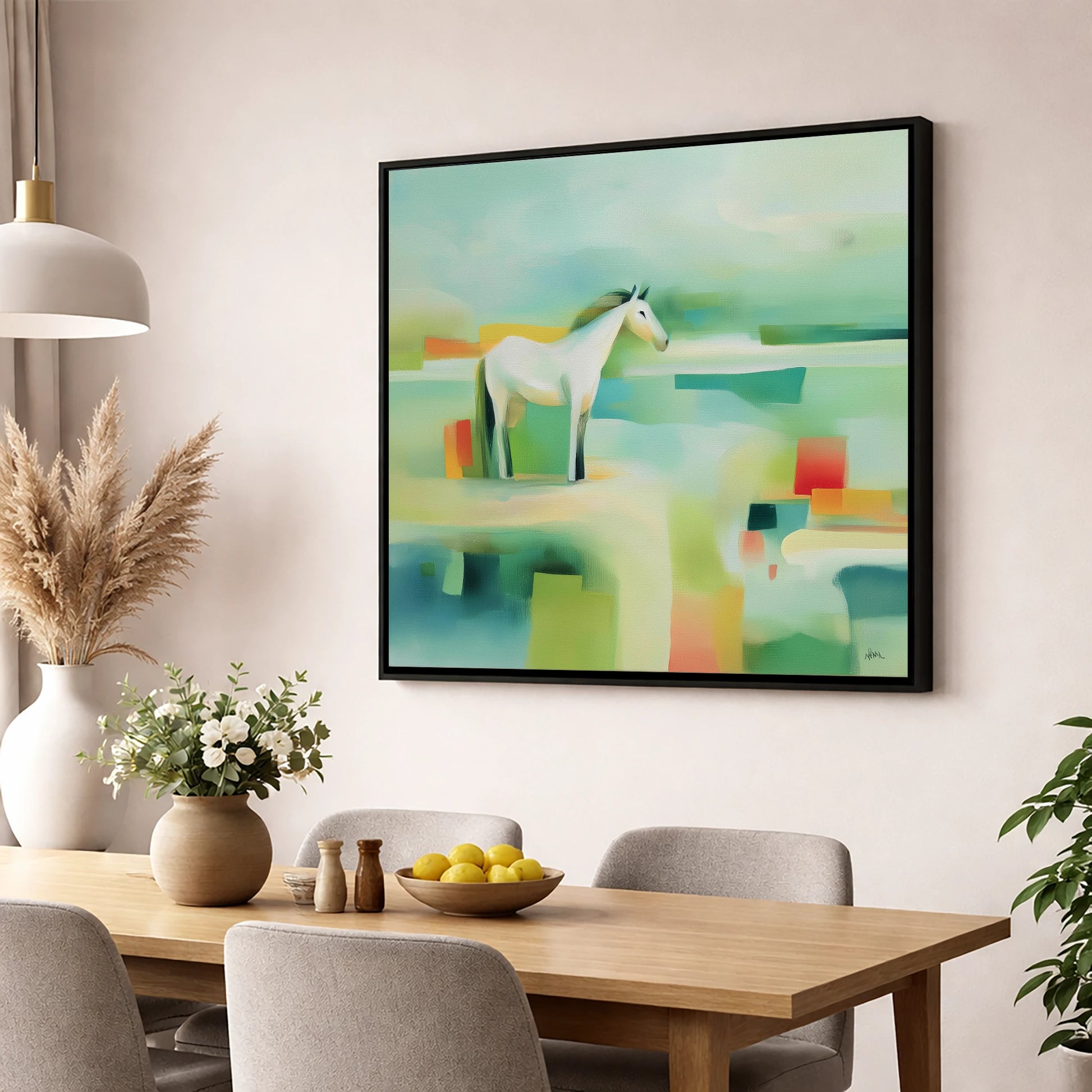 Abstract Grey Harmony horse landscape wall art displayed in a dining room