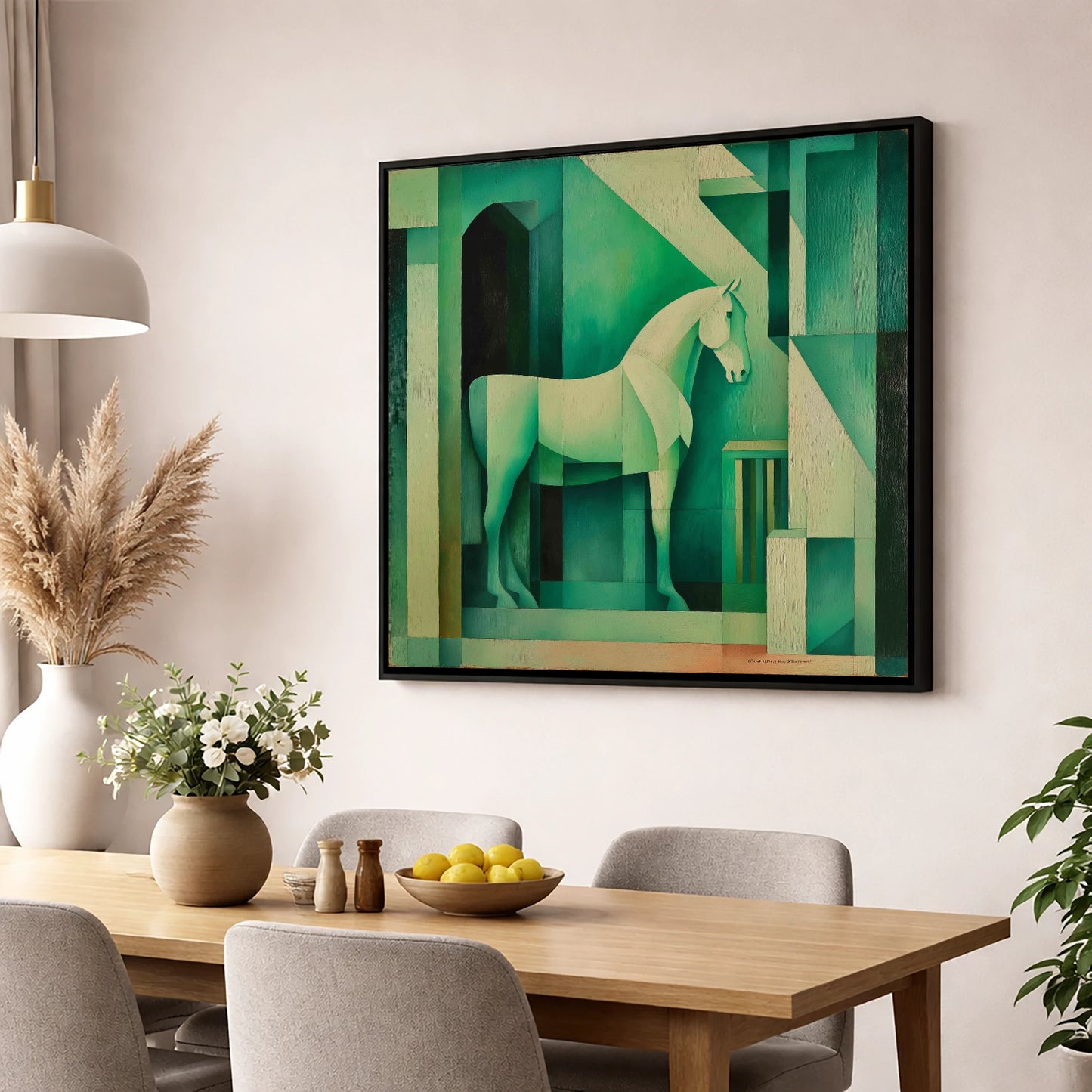 Emerald Stall Geometry horse stable wall art displayed in a dining room