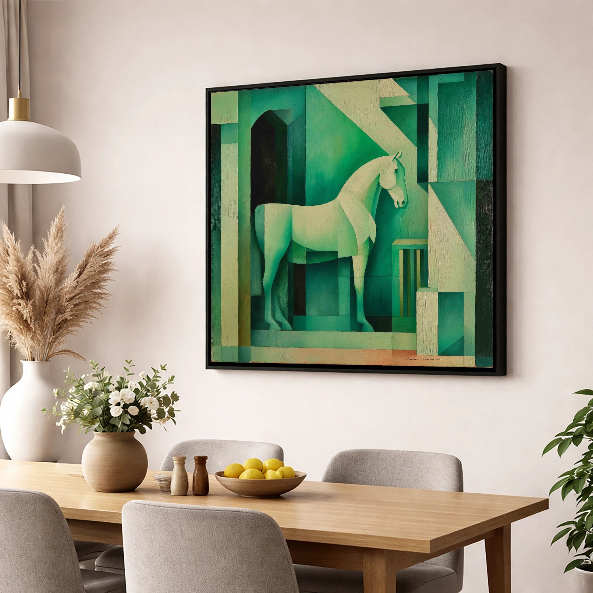 Emerald Stall Geometry horse stable wall art displayed in a dining room