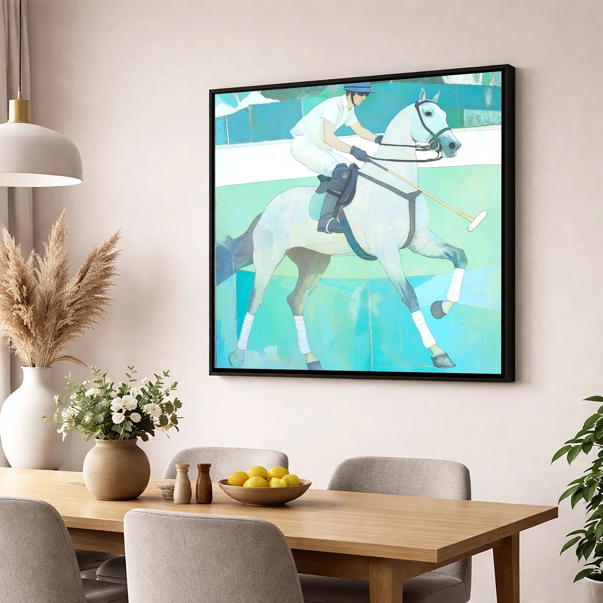 The Serene Chukka polo horse wall art displayed in a dining room