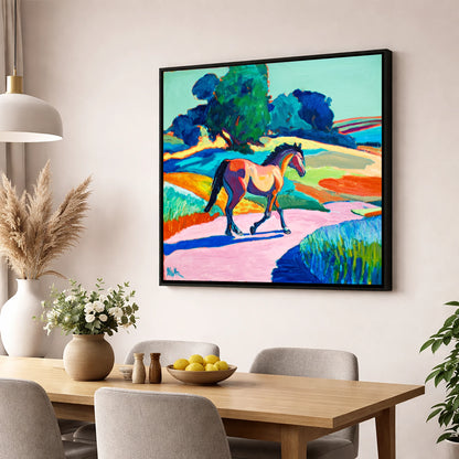 Technicolour Trot horse breed wall art displayed in a dining room