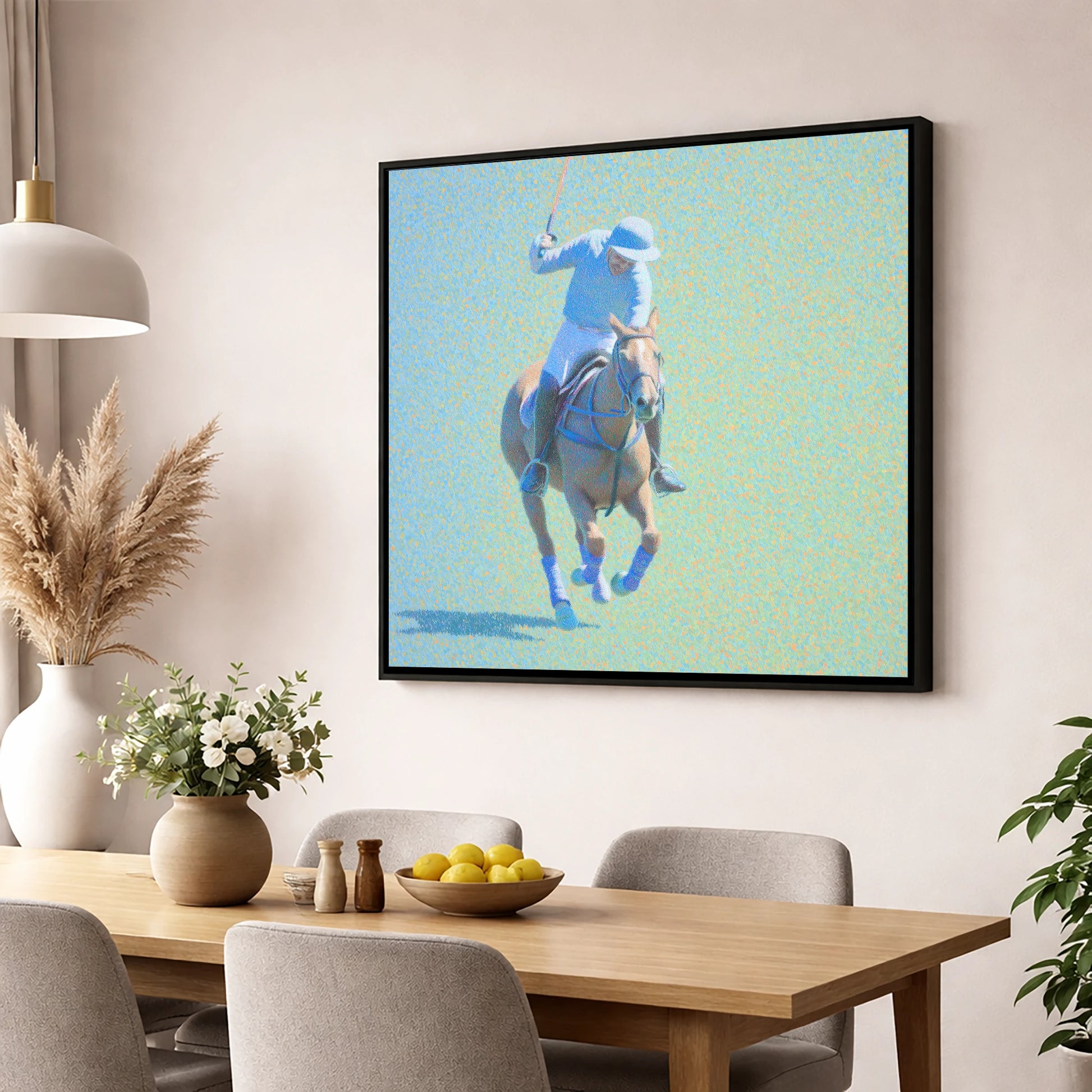The Shimmering Chukka polo horse wall art displayed in a dining room