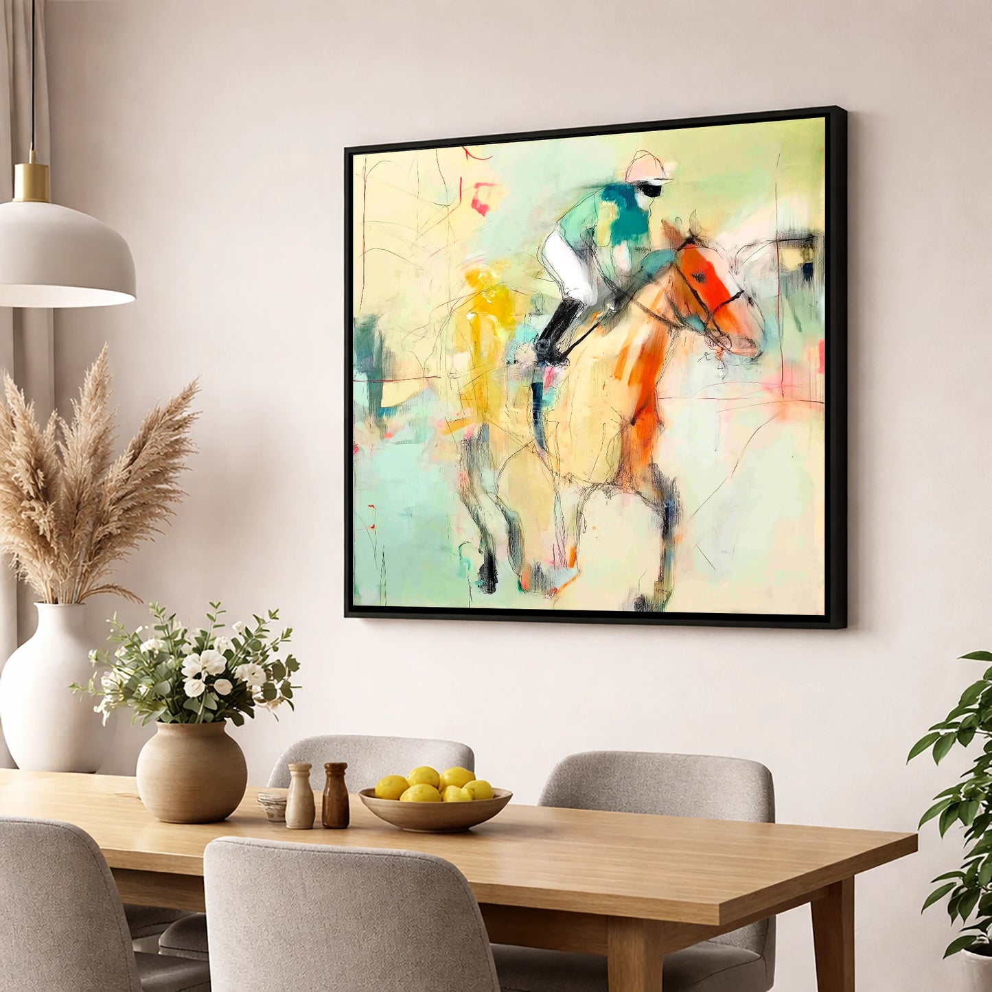 The Fleeting Stride racing horse wall art displayed in a dining room